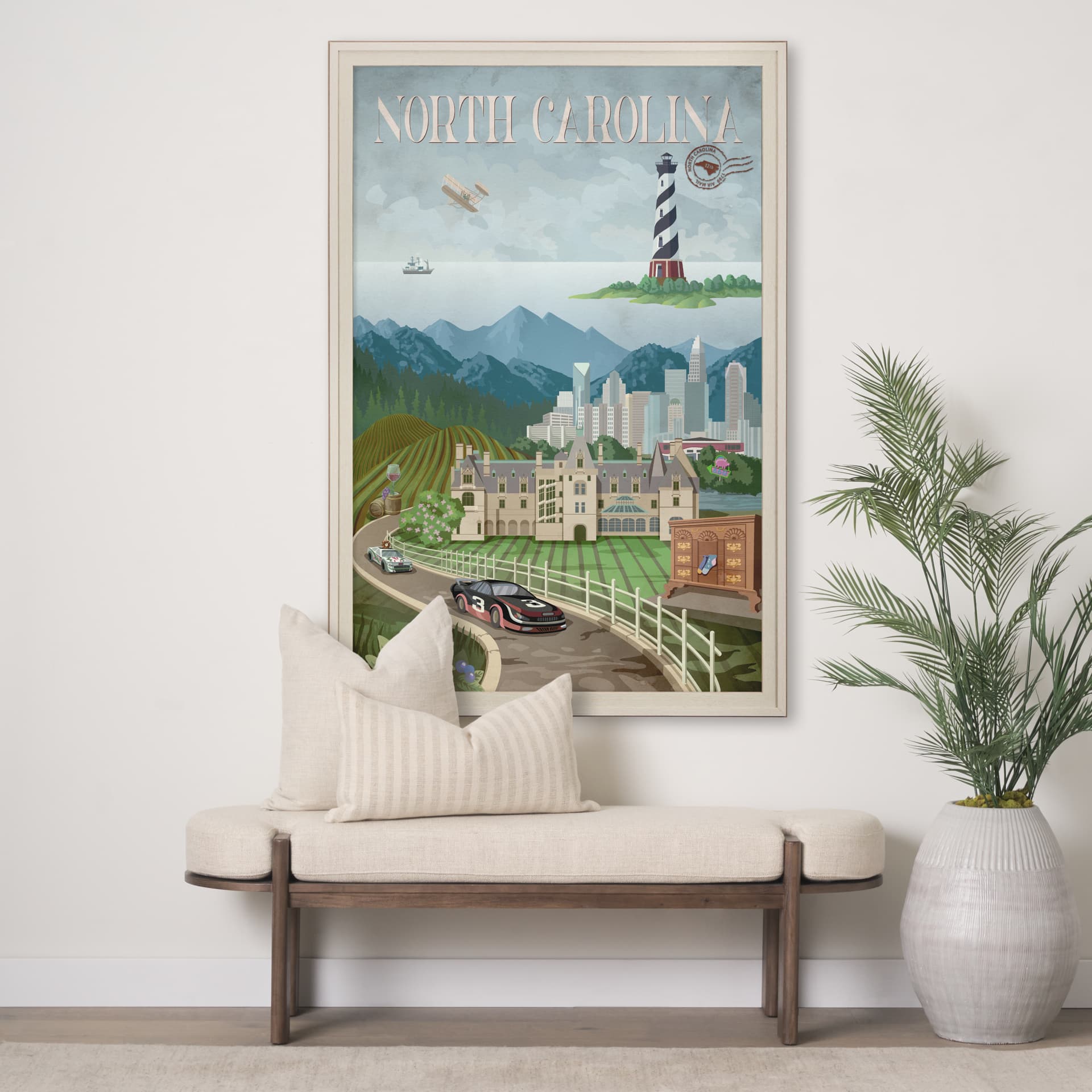 North Carolina by Mercana Studio a Framed Art Print Matted under Glass — in a styled room