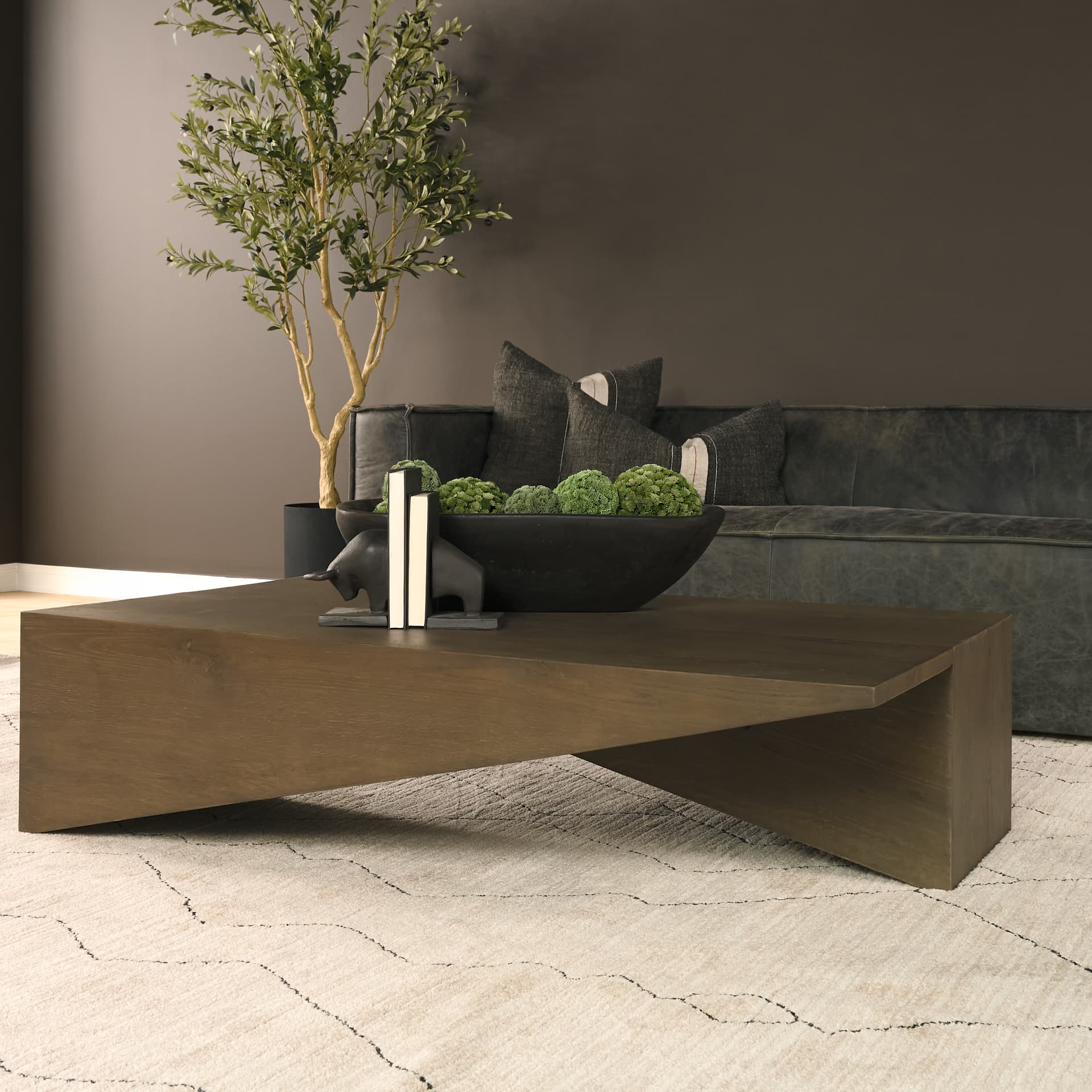 West Mid-Brown Oak Wood Rectangular Coffee Table — in a styled room