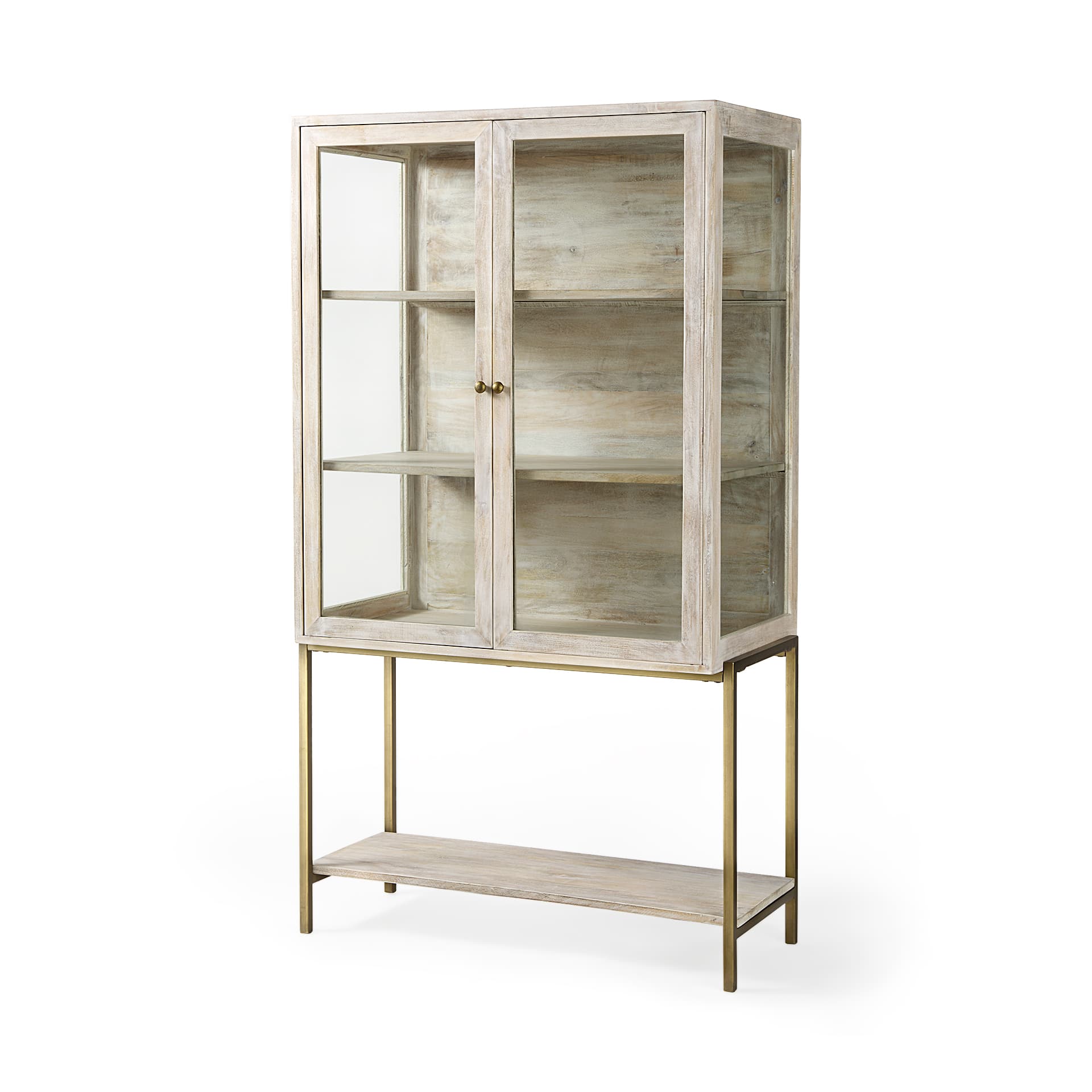 Arelius 36L x 18.75W x 63H White Wood W/ Gold Metal Base Display Cabinet — product photograph