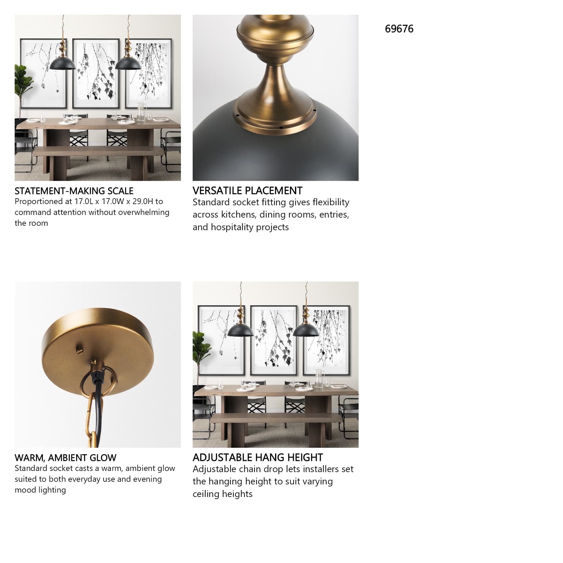 Willson 17.0L x 17.0W x 29.0H Black Iron W/Antique Brass Dome Pendant Light — in a styled room