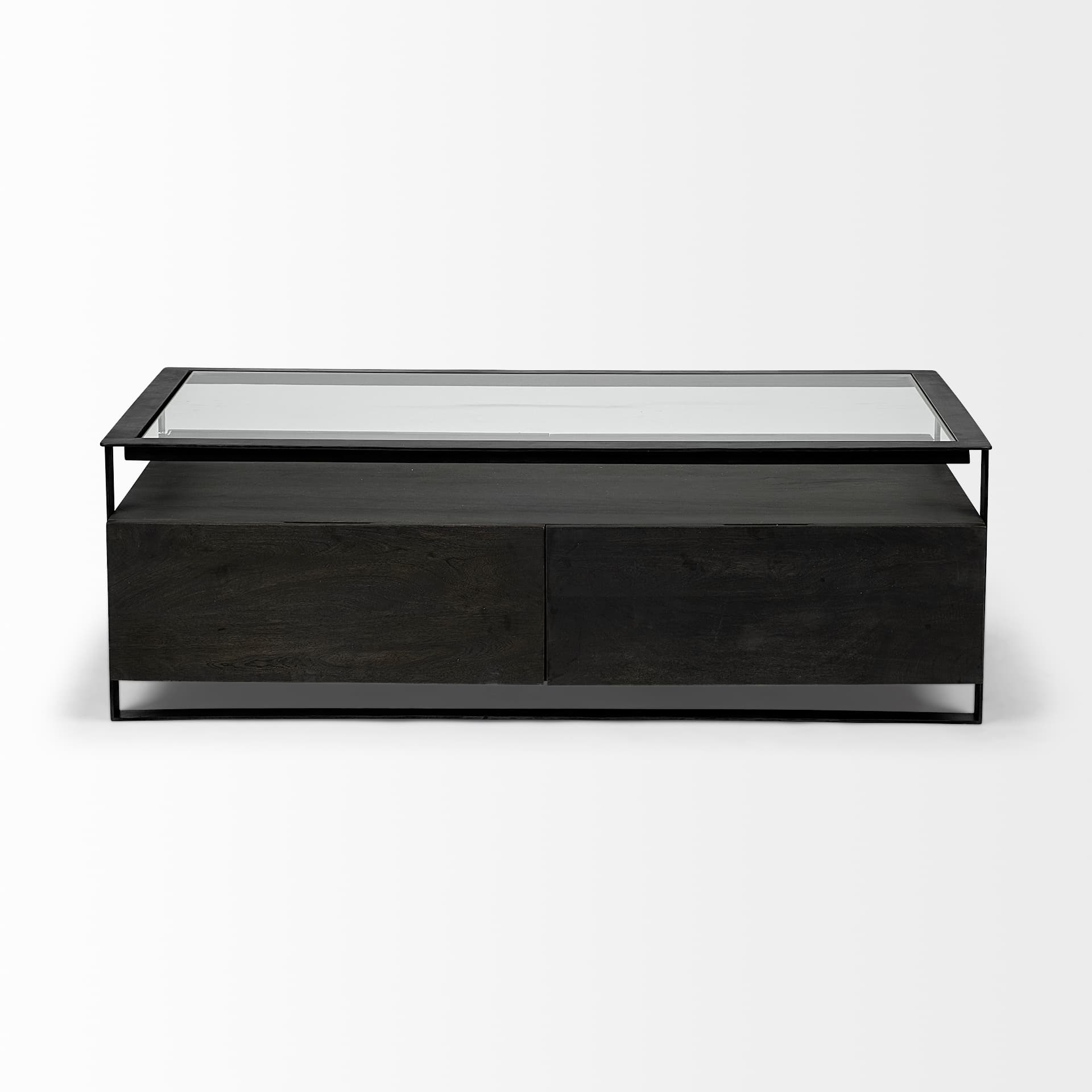 Vidro 54x30 Rectangular Glass Top Black Solid Wood Drawers & Black Frame Coffee Table — product photograph