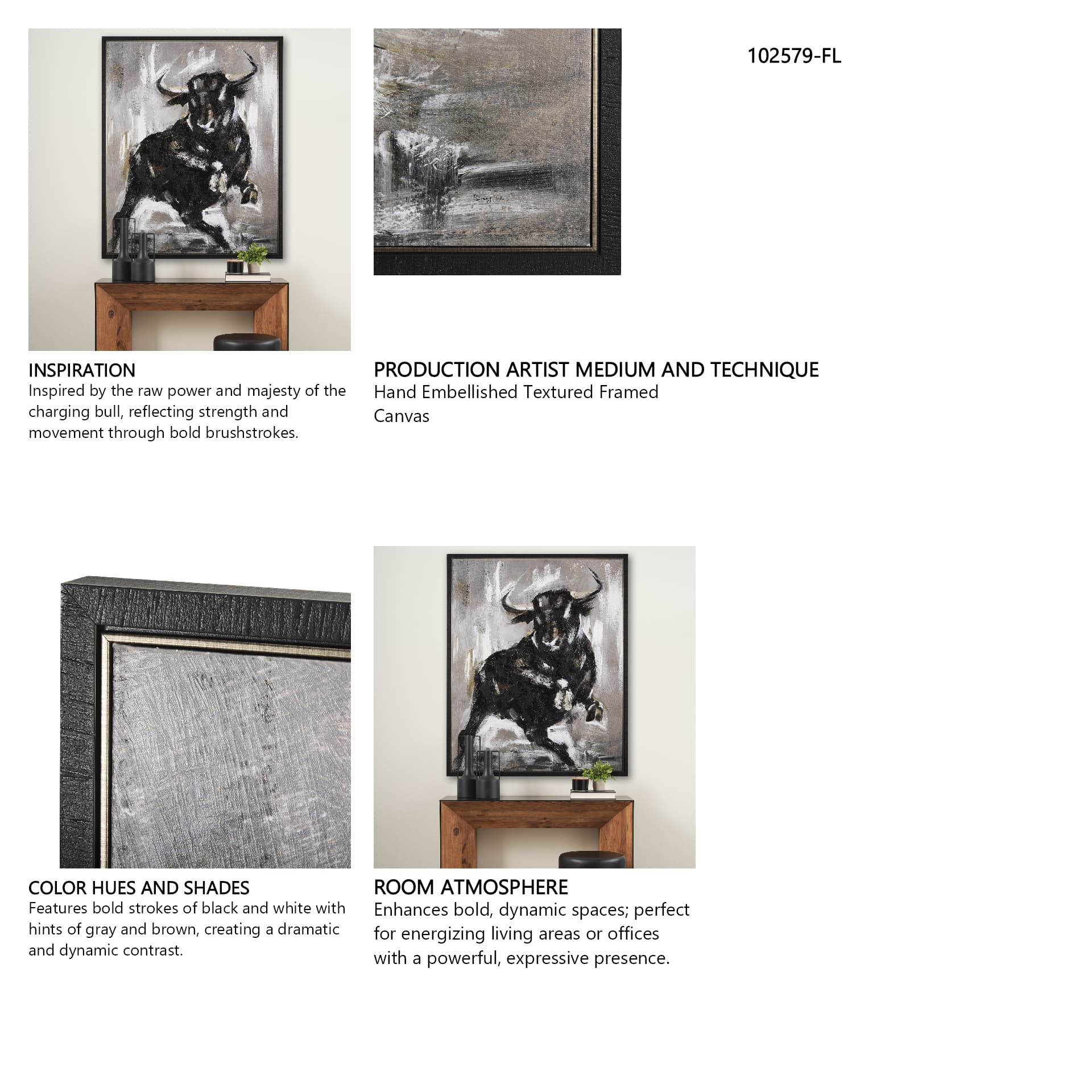 Bull by Mercana Studio a Hand Embellished Textured Framed Canvas — in a styled room