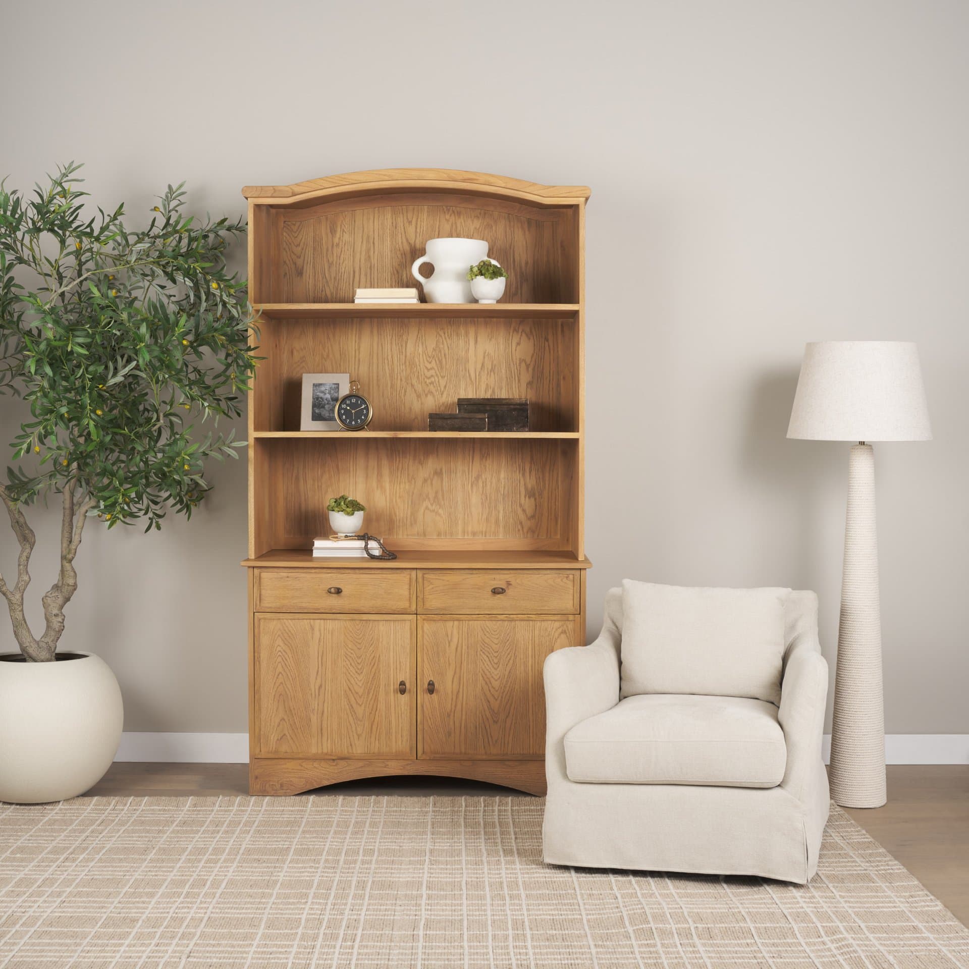 Carrington 85" Sideboard & Hutch | Brown Oak Wood w/ Brass Hardware — in a styled room