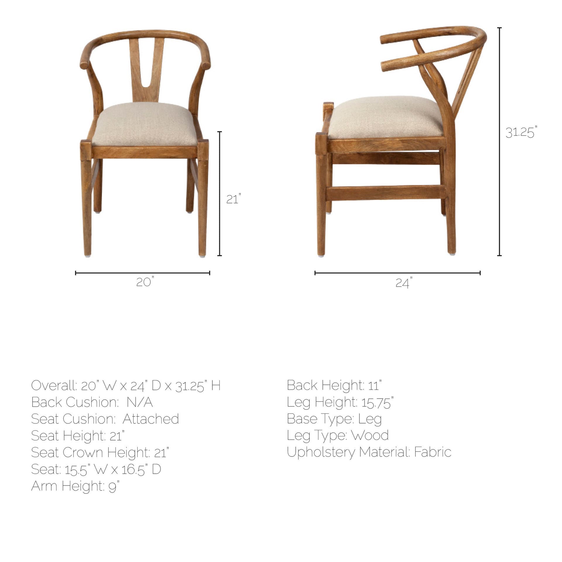 Trixie Curved Back Dining Arm Chair | Cream Fabric w/ Brown Wood — product photograph