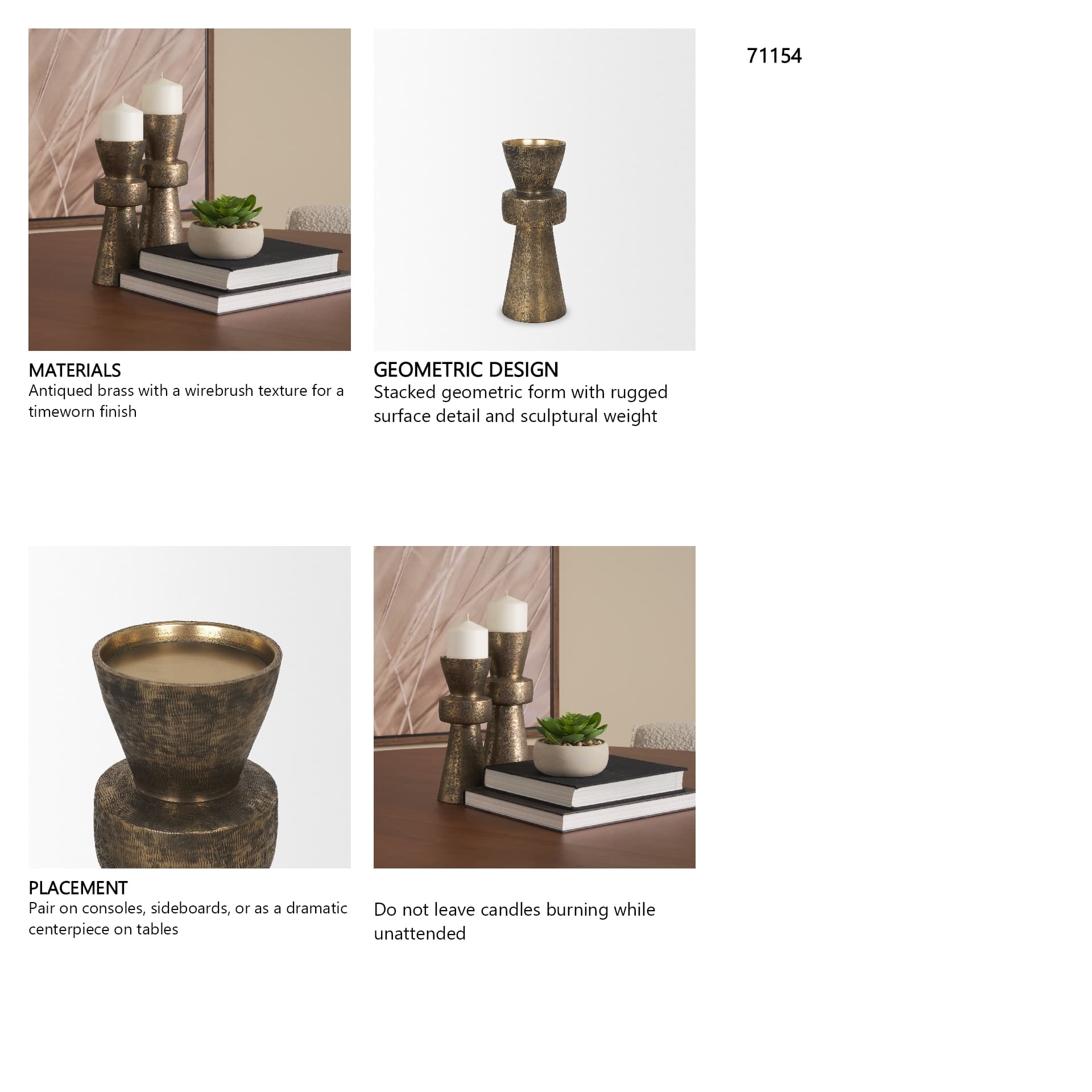 Odilia Small Textured Antiqued Gold Metal Geometric Pillar Candle Holder — in a styled room