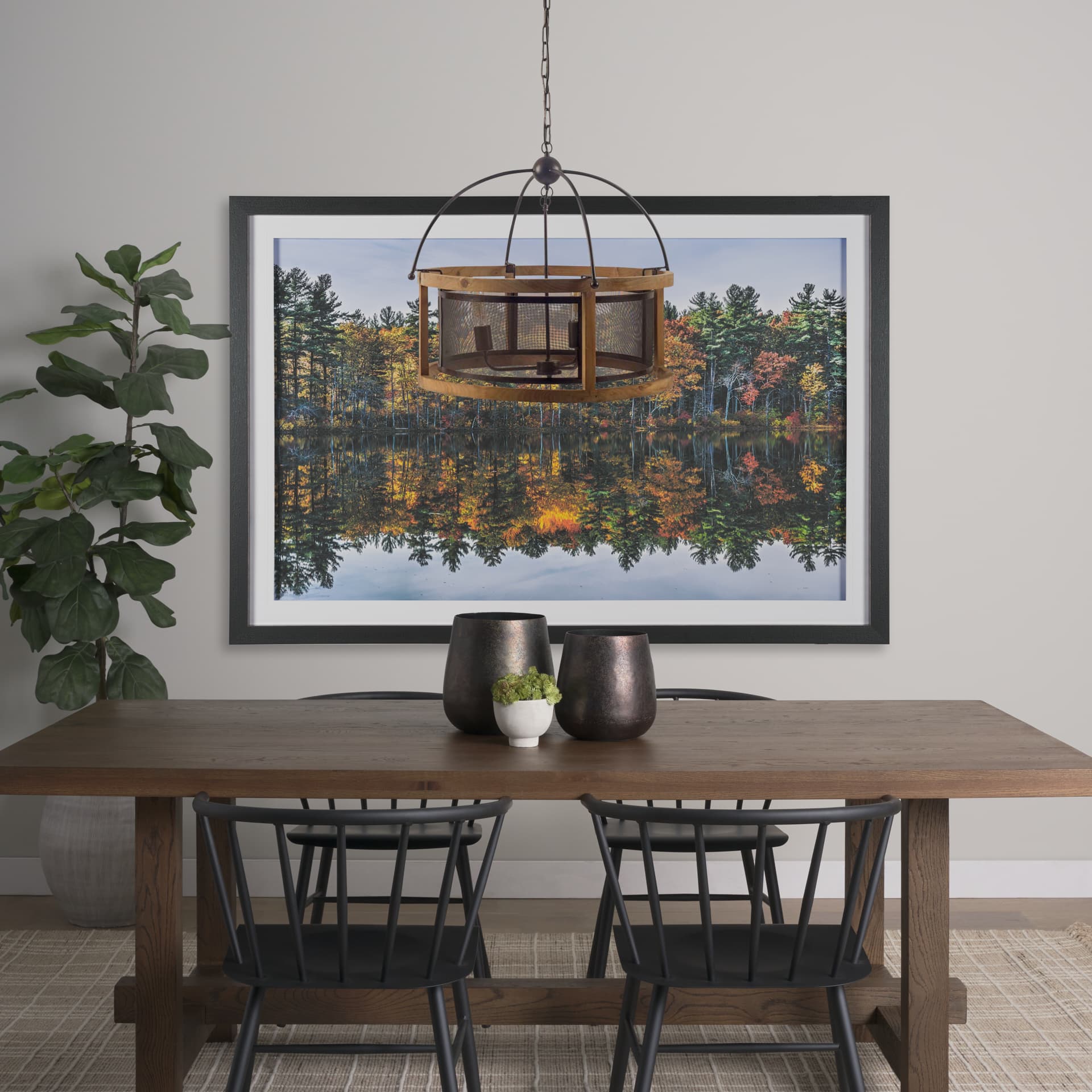 Penhill (25"x24") Black and Wooden Three Bulb Chandelier — in a styled room