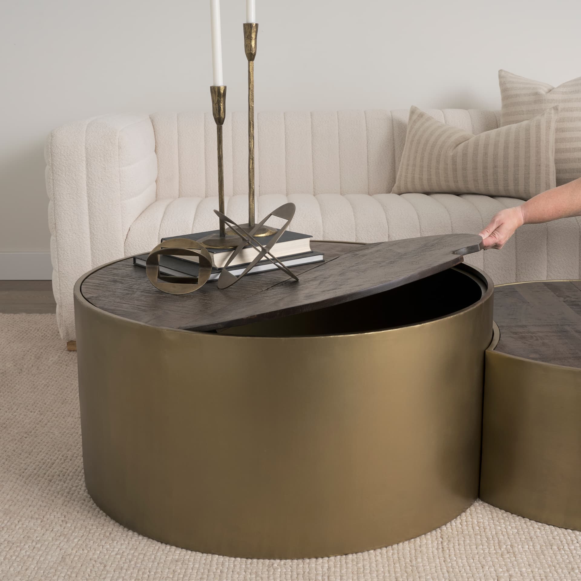 Eclipse Antique Brass Metal Drum Base w/ Dark Brown Wood Top Nested Coffee Table — product photograph
