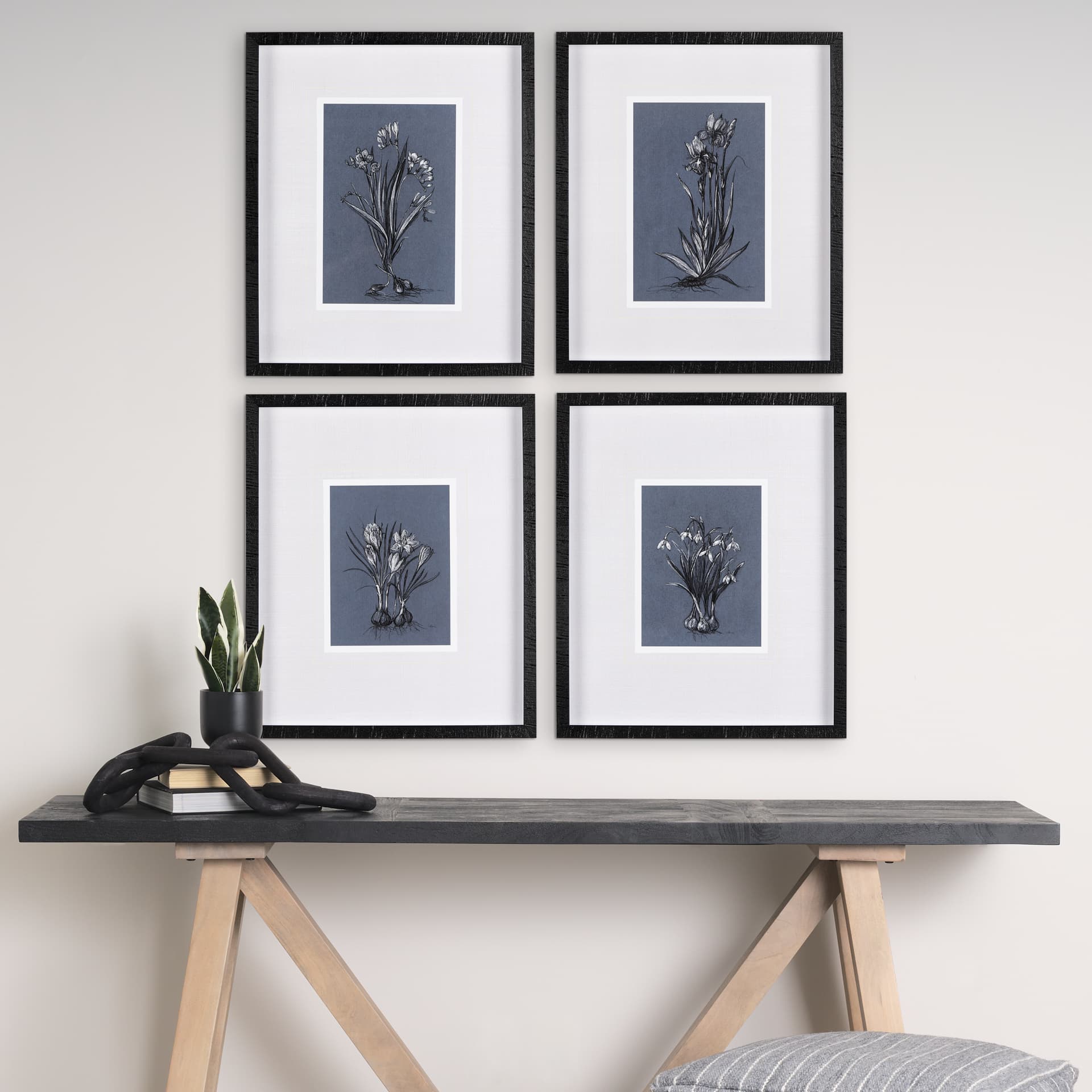 Botanical sketches V (Blue) by Mercana Studio Hand Embellished Framed Art Print Matted under Glass — in a styled room