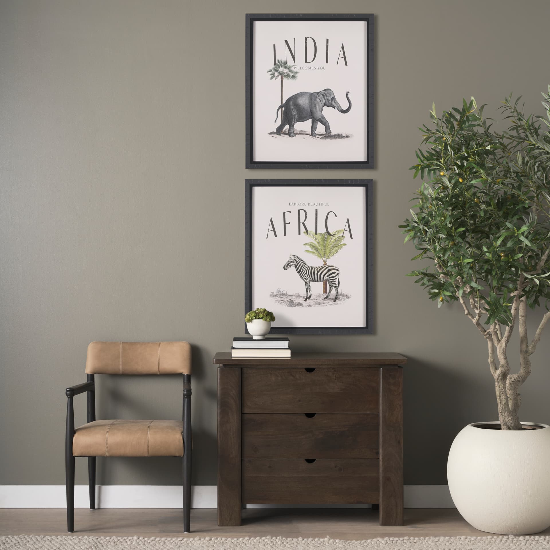 Wallen Solid Dark Brown Wood 3 Drawer Accent Cabinet — in a styled room