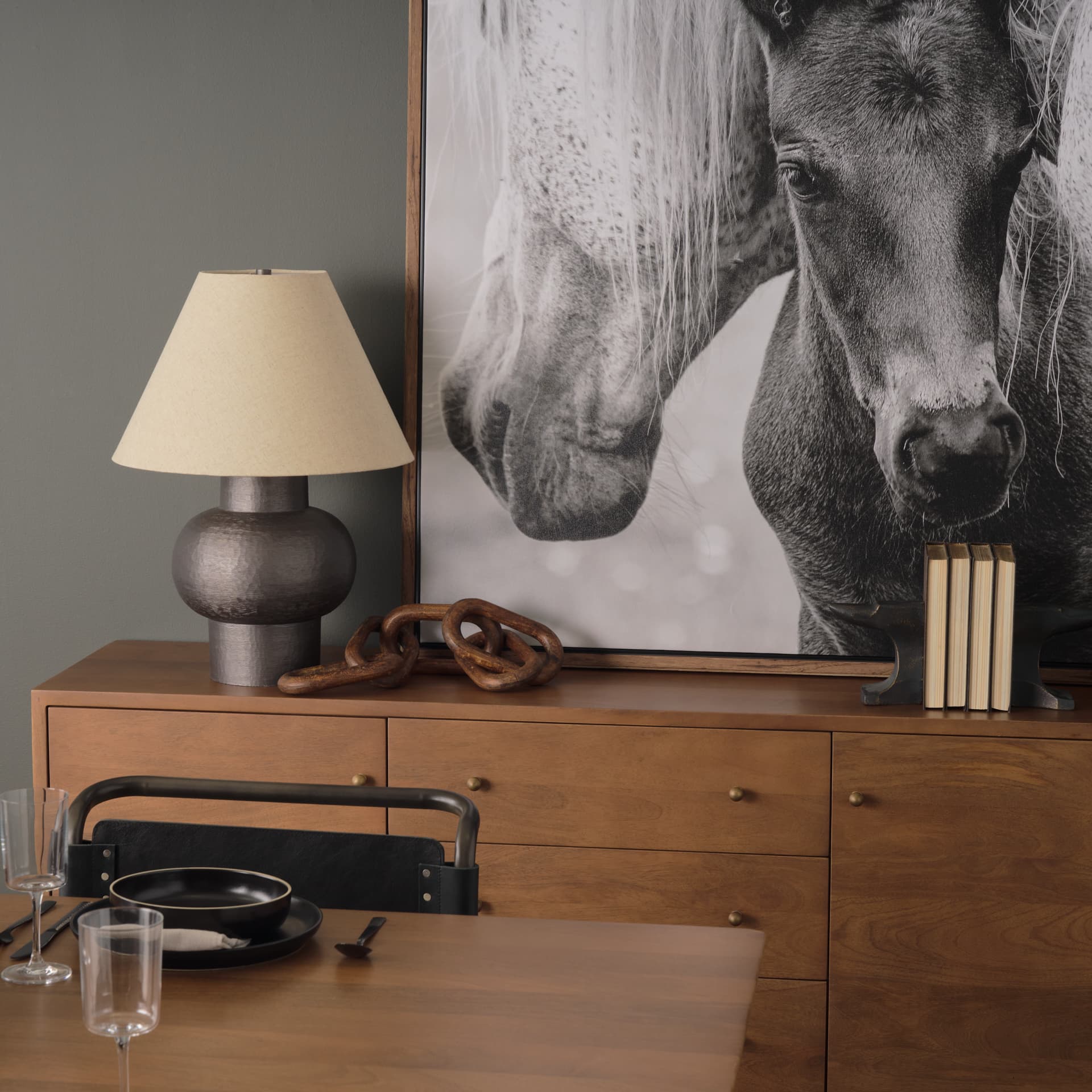 Salaah Black Brushed Metal w/ Beige Shade Table Lamp — in a styled room