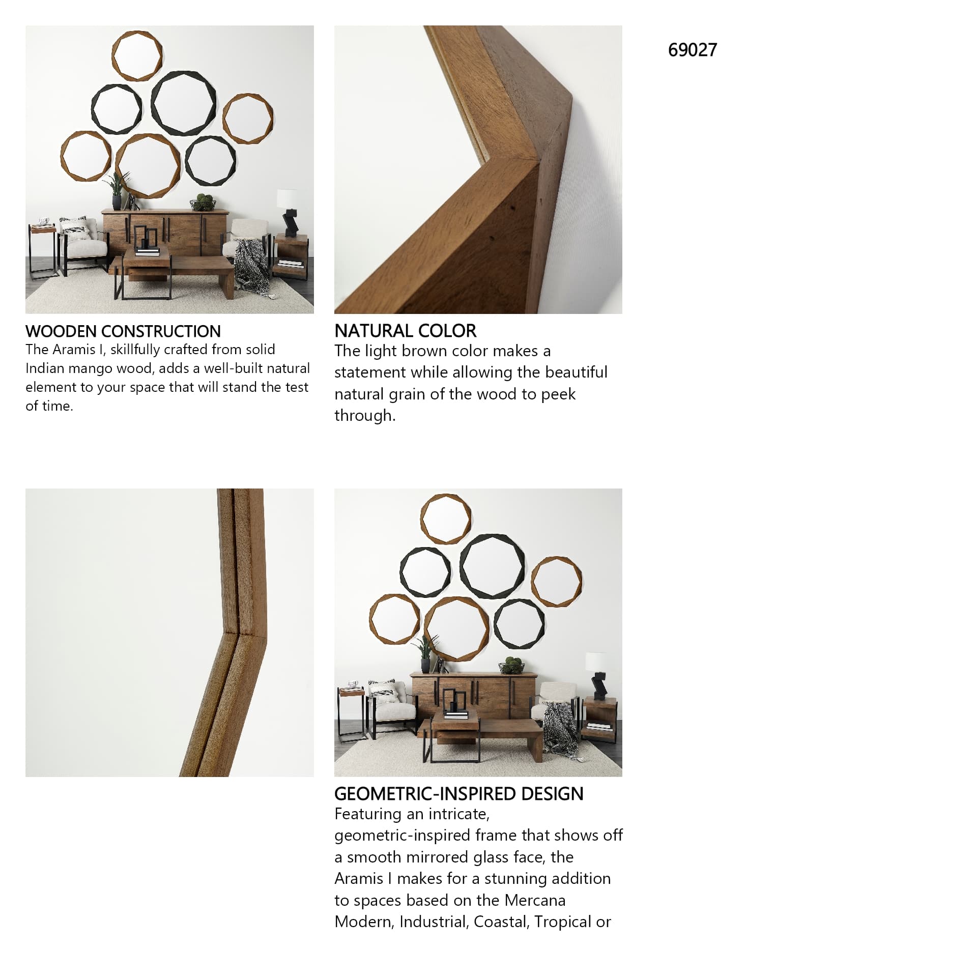 Aramis I 32" Octagon Brown Wood Frame Wall Mirror — in a styled room