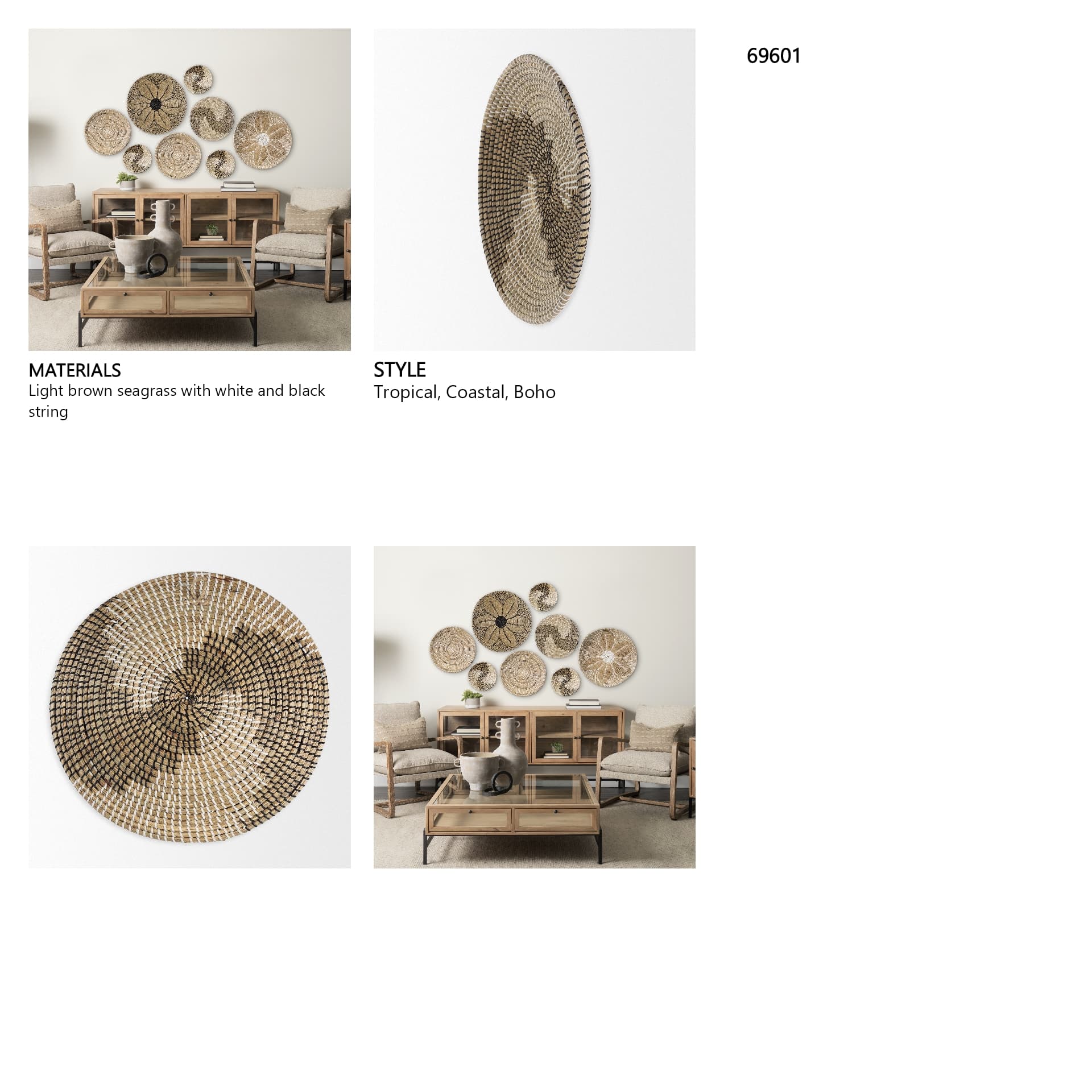 Luna 18.0L x 18.0W x 3.0H Large Light Brown Seagrass Round Wall Hanging Plate — in a styled room