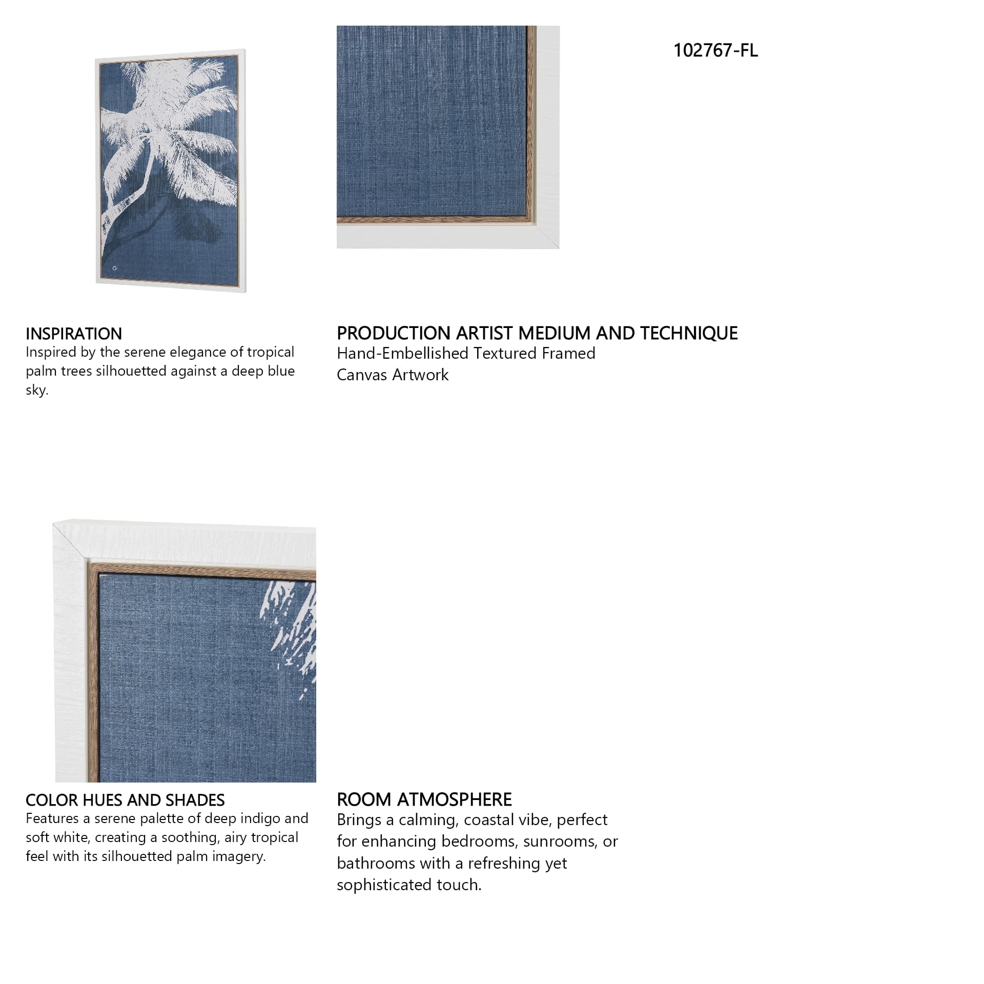 Palm Shadow II (Blue) by Mercana Studio Hand-Embellished Textured Framed Canvas Artwork — in a styled room