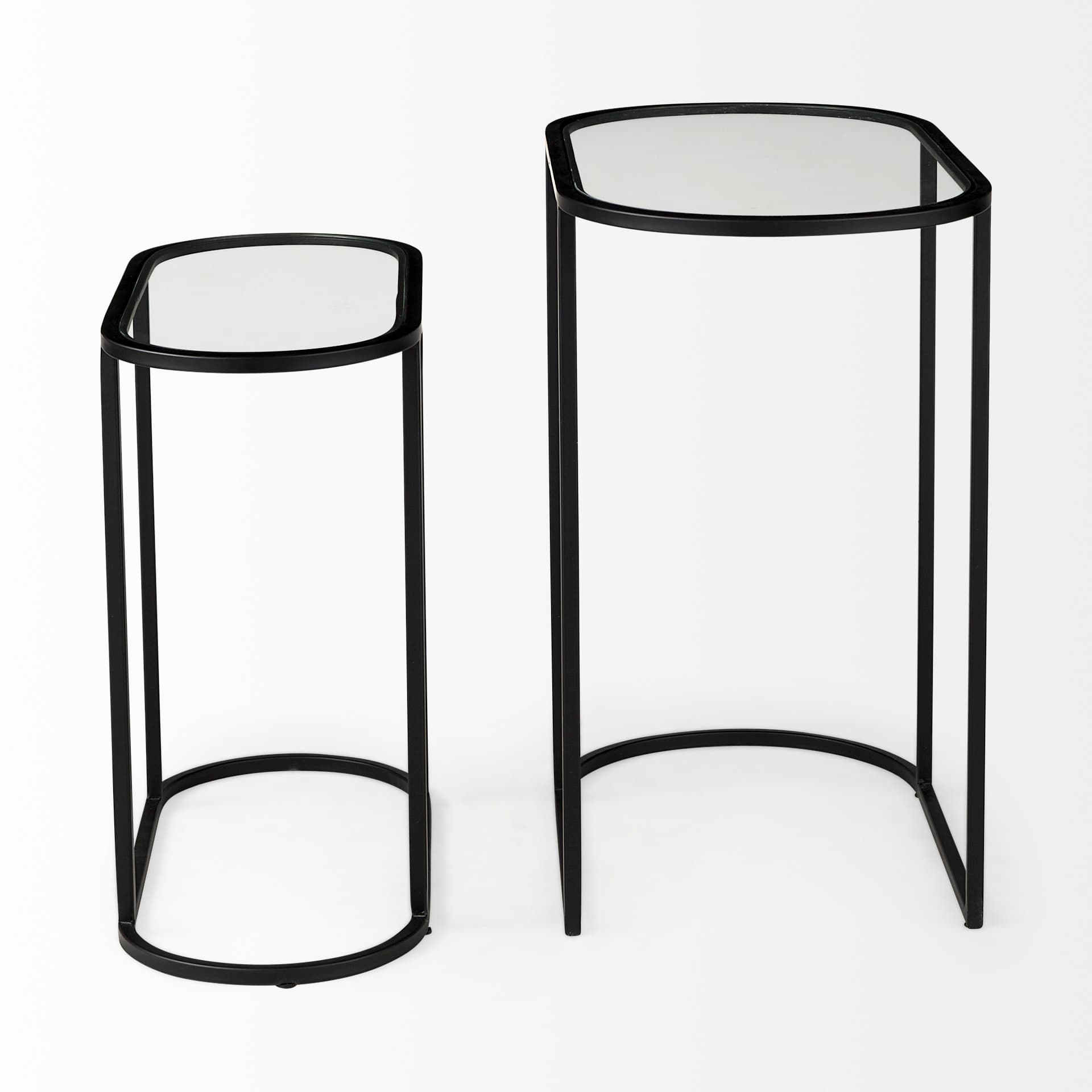 Celine 24.2 L x 12.6 W x 22.4 H Set of Two Black/Silver Metal and Glass Nesting Accent Tables — product photograph