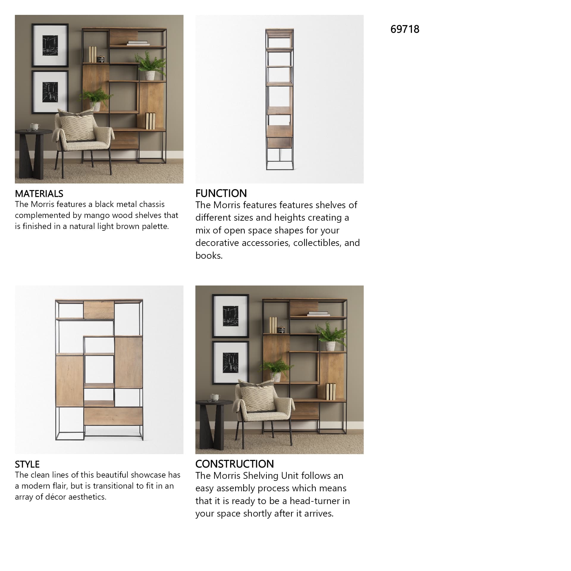 Morris 47.0L x 15.0W x 75.0H Light Brown Wood w/ Black Metal Frame 6-Tier Shelving Unit — in a styled room