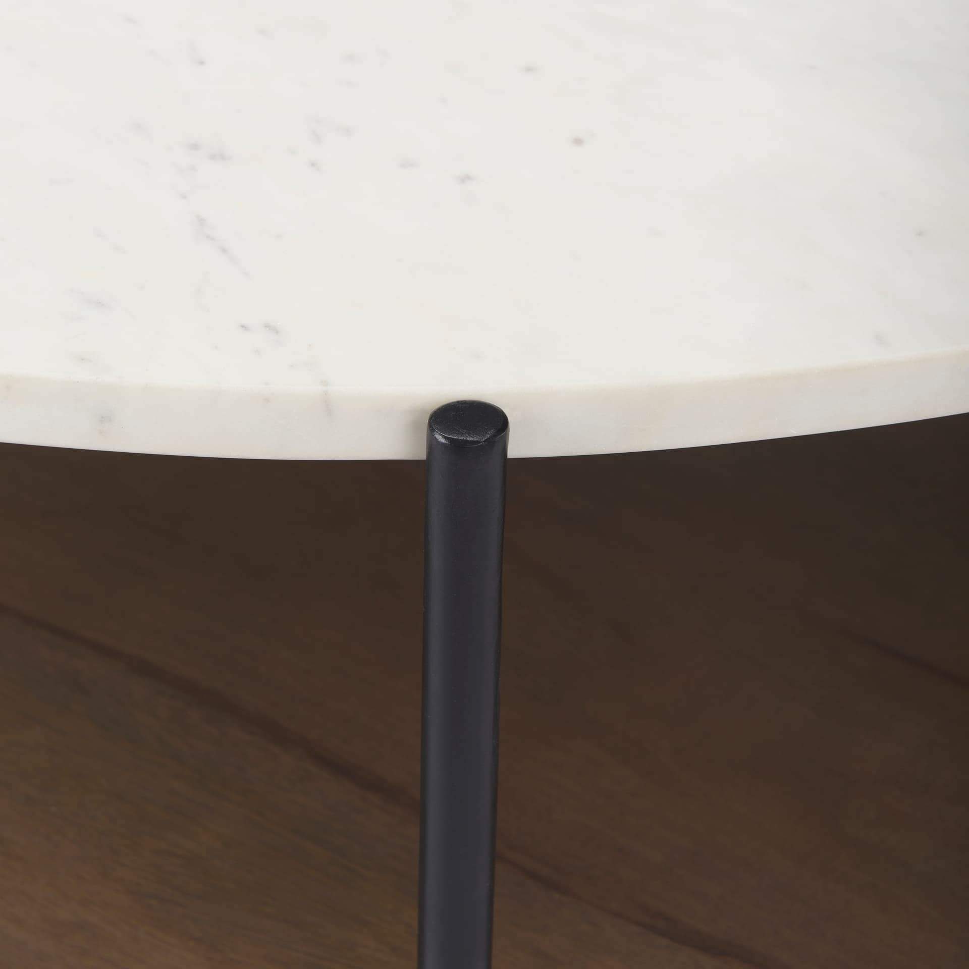 Larkin 42" Round Two-Tier White Marble Top and Solid Wood Shelf w/ Black Metal Frame Coffee Table — product photograph