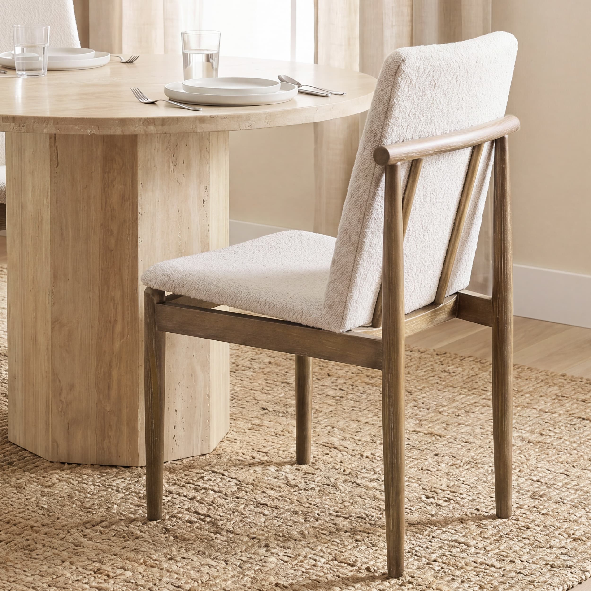Cavett Curved Back Dining Side Chair | Cream Boucle w/ Wood — product photograph