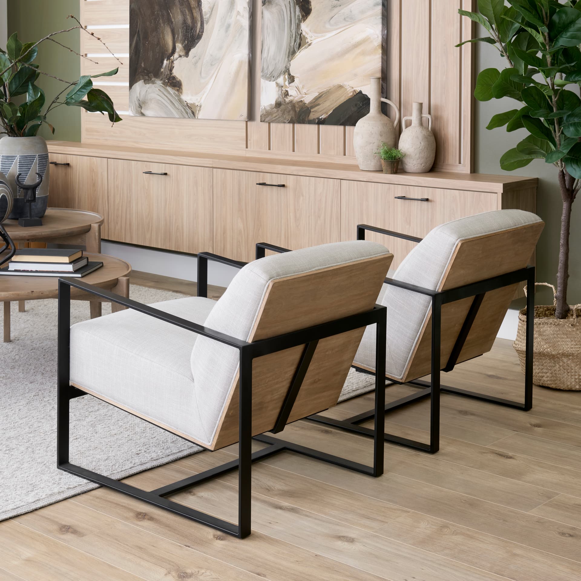 Stamford Light Beige Upholstered Seat w/ Wood Back, Metal Frame Accent Chair — product photograph