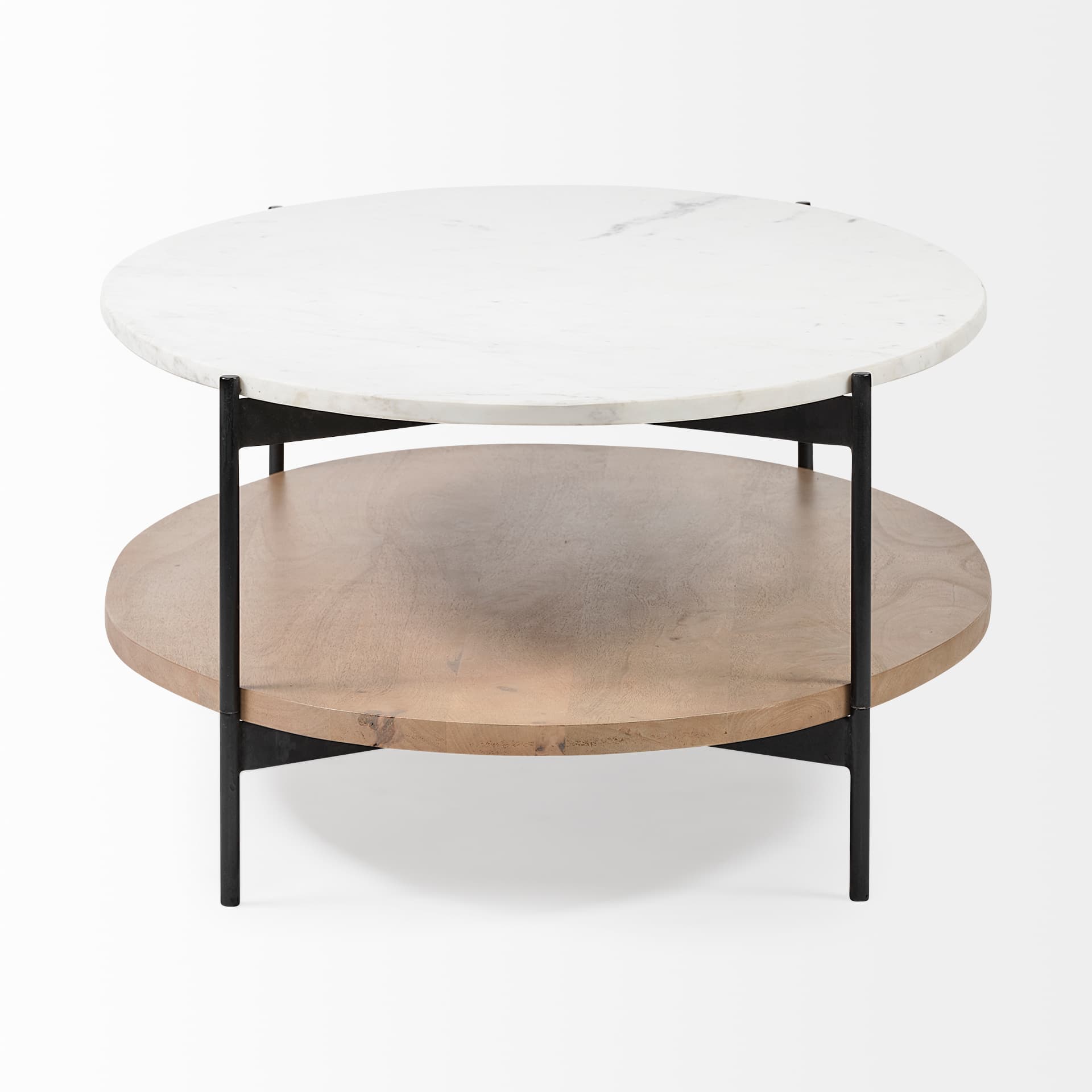 Larkin 48" Oval White Marble Top and Solid Wood Shelf w/ Black Metal Frame Coffee Table — product photograph