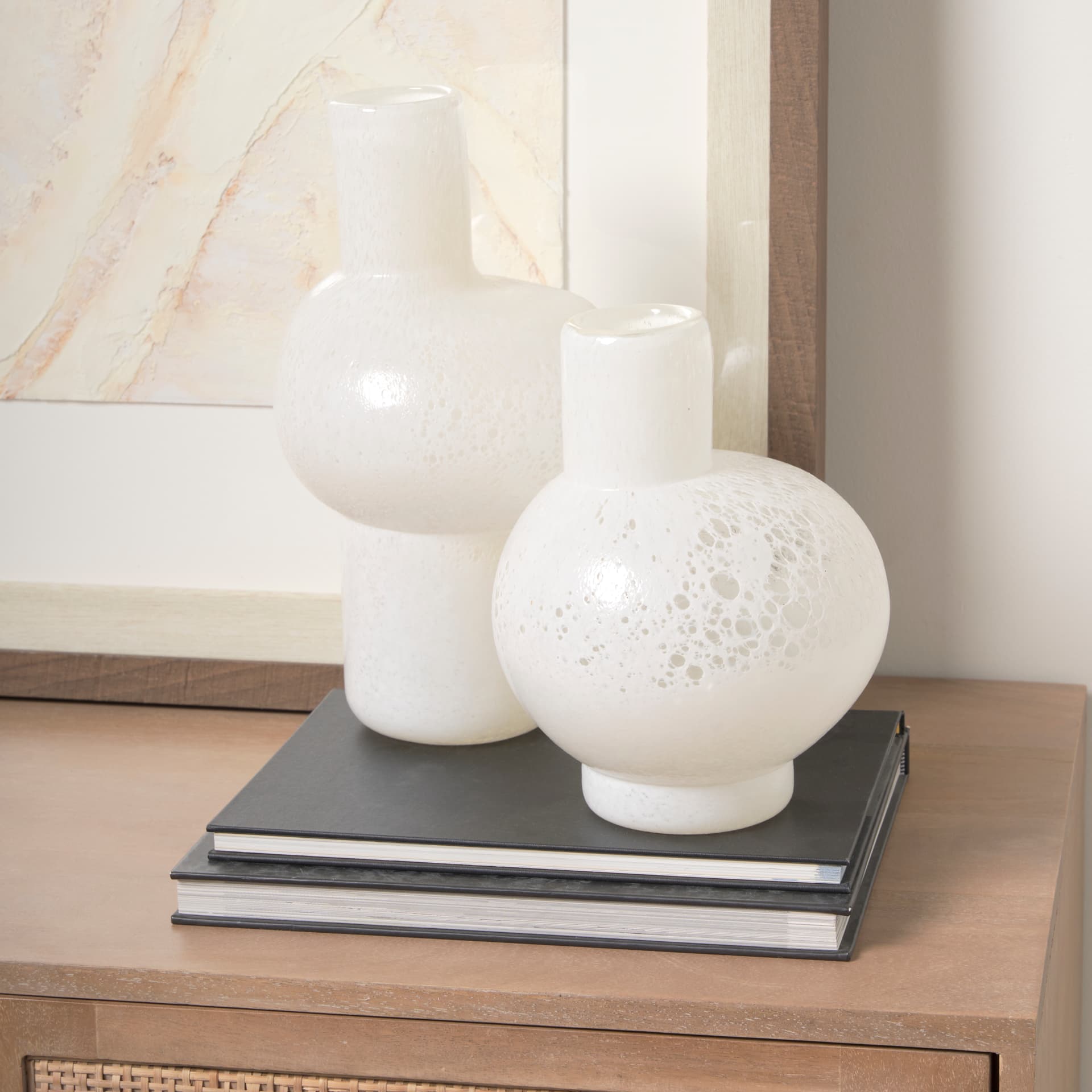 Heket Short White Glass Vase — in a styled room