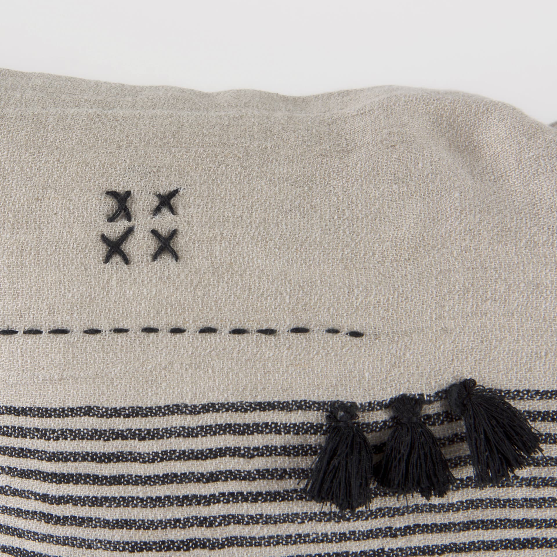 Thalia 13x21 Black and Beige Fabric Striped w/Fringe Pillow Cover w/Down Filler — product photograph