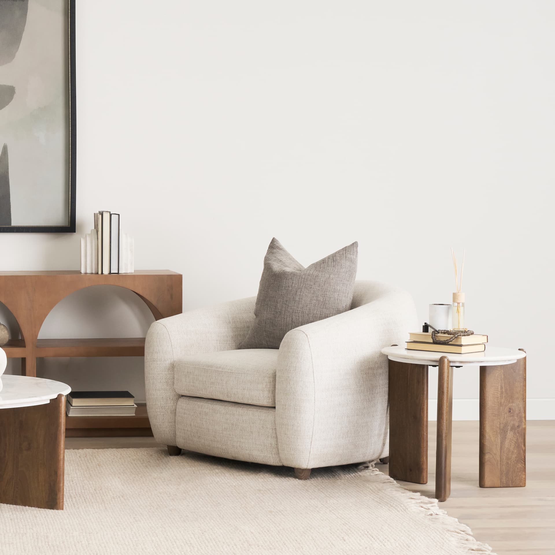 Rumer Dark Brown Wood w/ White Marble Side Table — in a styled room