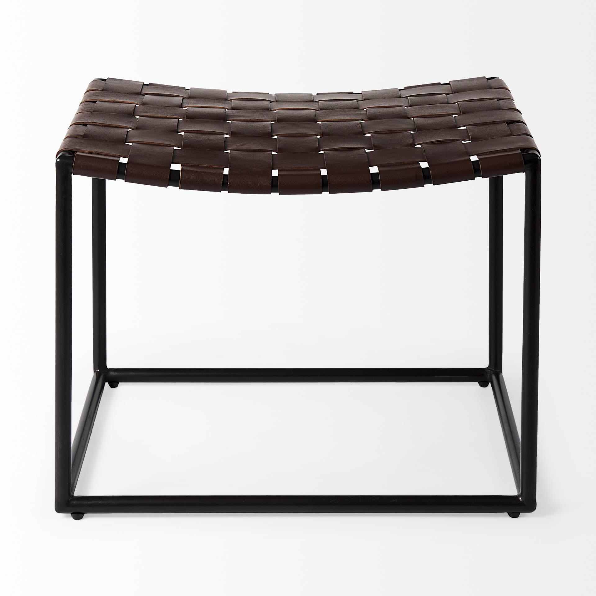 Clarissa 22.0L x 16.0W x 16.5H Brown Leather Woven Seat W/ Black Metal Frame Stool — product photograph