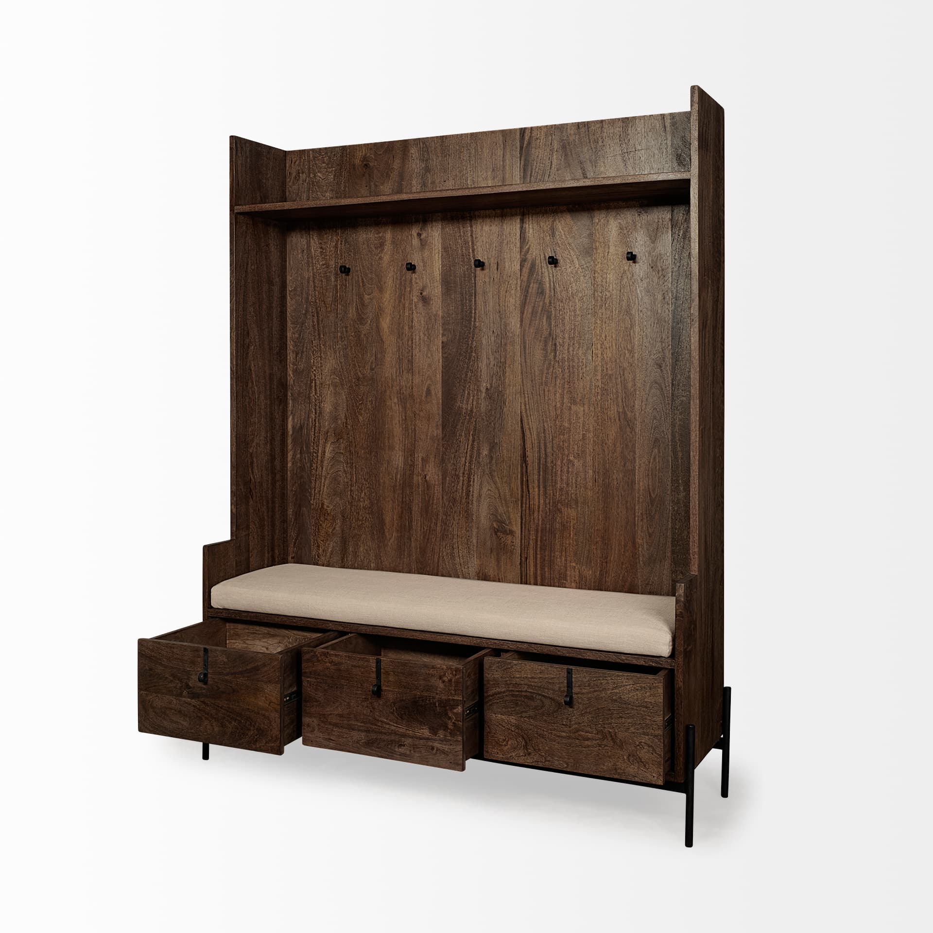 Glenn V 56L x 17W Dark Brown Wood w/ Cream Fabric Seat, 3 Drawers Hall Tree — product photograph