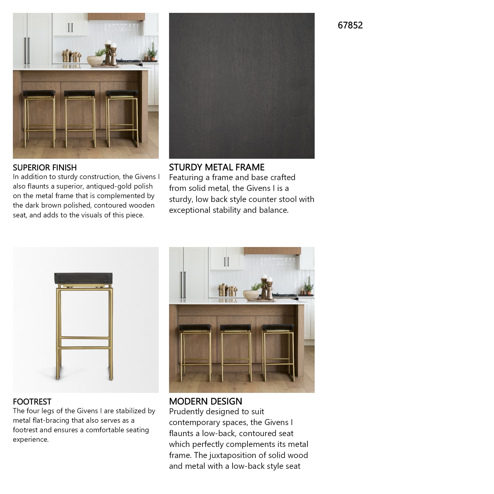 Givens Backless 26in Seat Counter Stool | Brown Wood w/ Gold Metal — product photograph