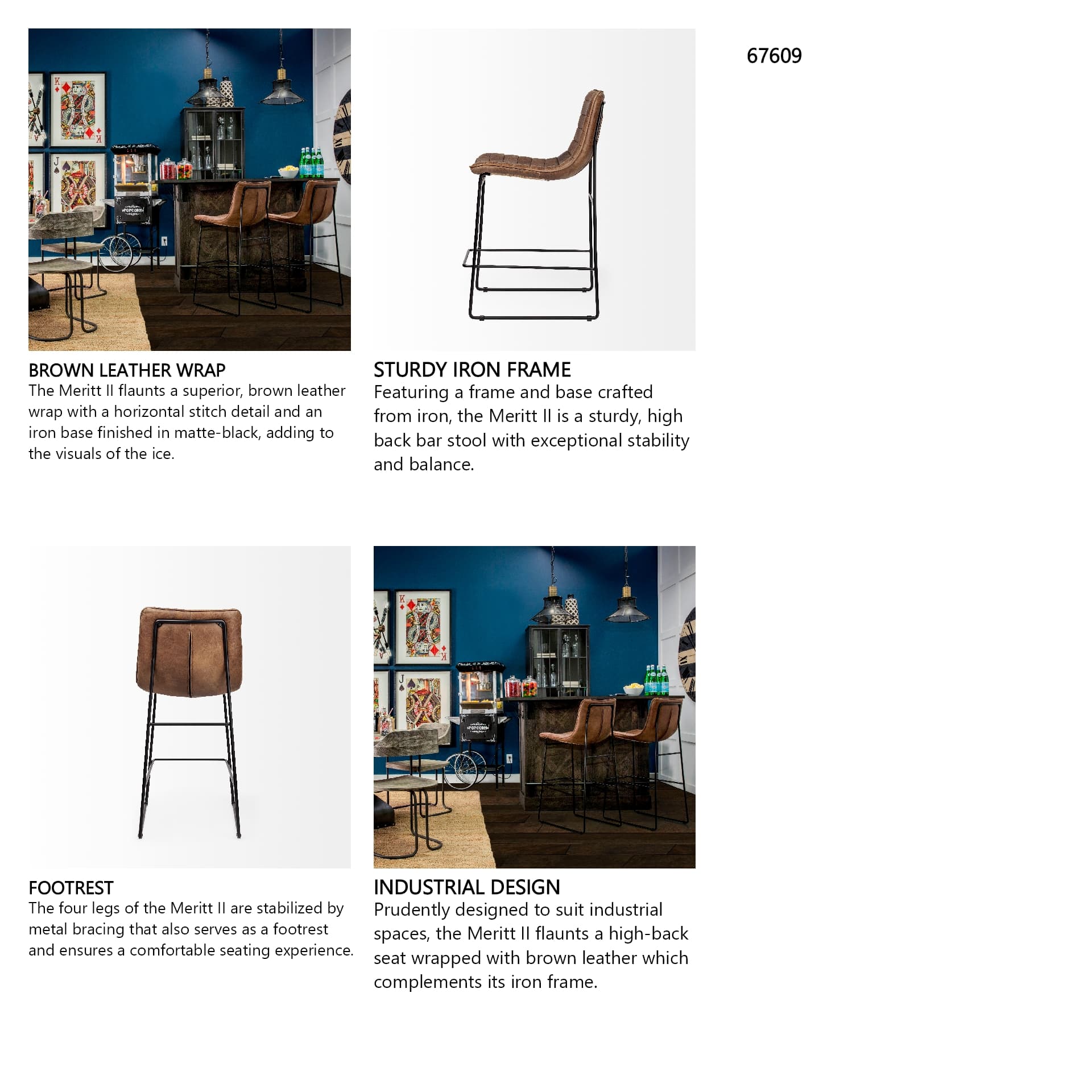 Meritt Low Back 37.8in Seat Counter Stool | Brown Leather w/ Metal — product photograph