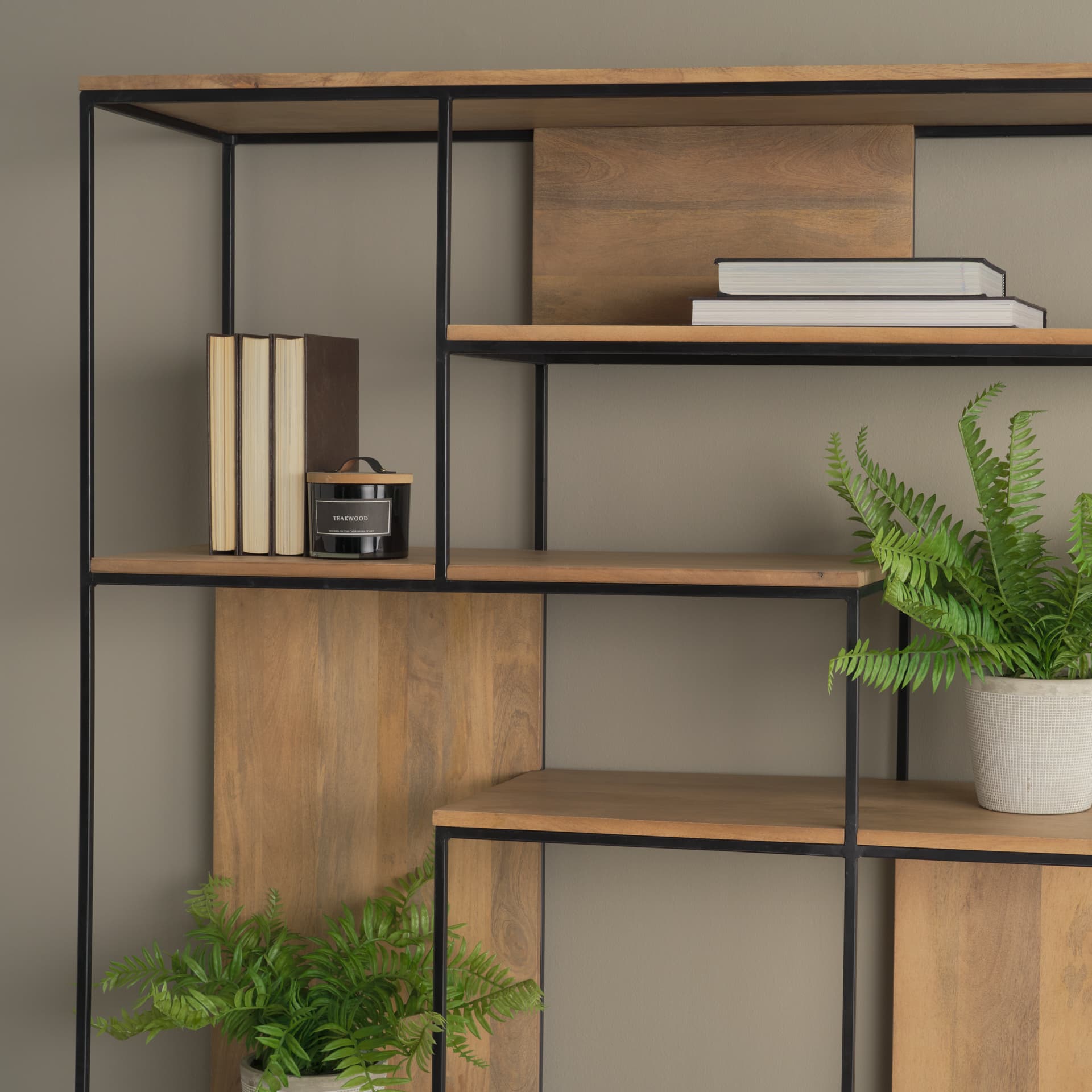 Morris 47.0L x 15.0W x 75.0H Light Brown Wood w/ Black Metal Frame 6-Tier Shelving Unit — product photograph