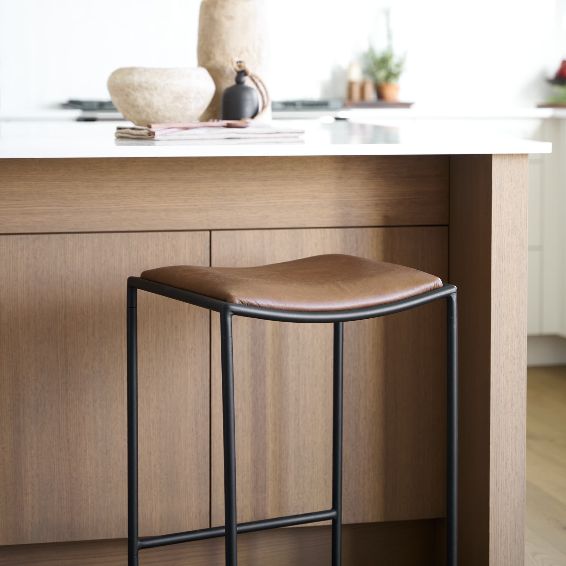 Taniel Backless 27.25in Seat Counter Stool | Brown Leather w/ Metal — product photograph