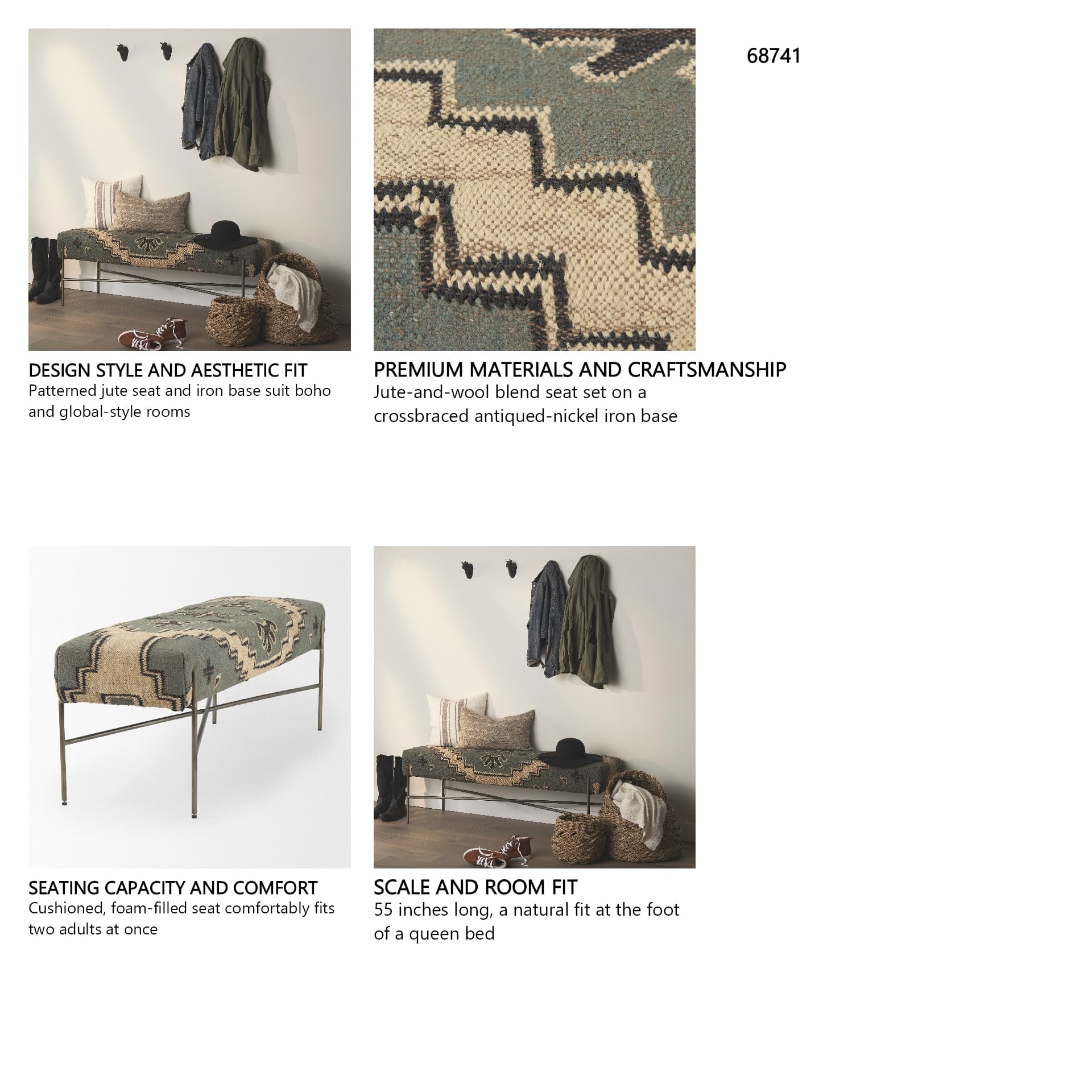 Avery I 55L x 17W Multi Colored Upholstered Patterned Seat Accent Bench — in a styled room