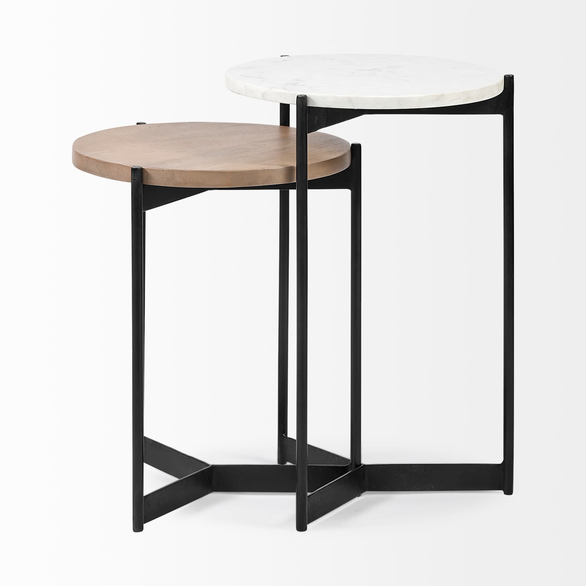 Larkin II Marble and Medium Brown Wood Round Tabletop Nesting End/Side Tables — product photograph