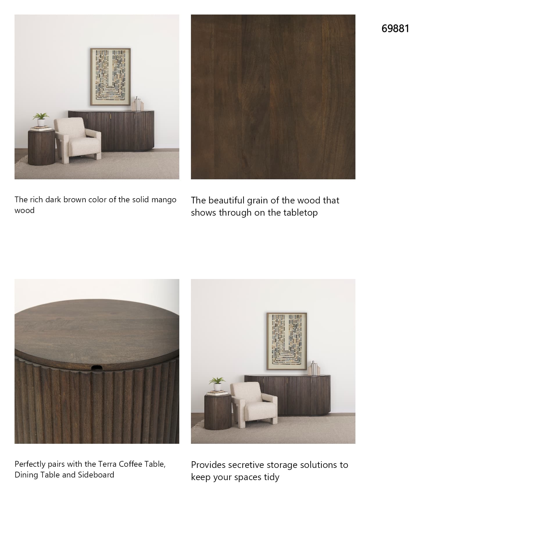 Terra 18L x 18W x 22H Dark Brown Wood Fluted Round Side Table — in a styled room