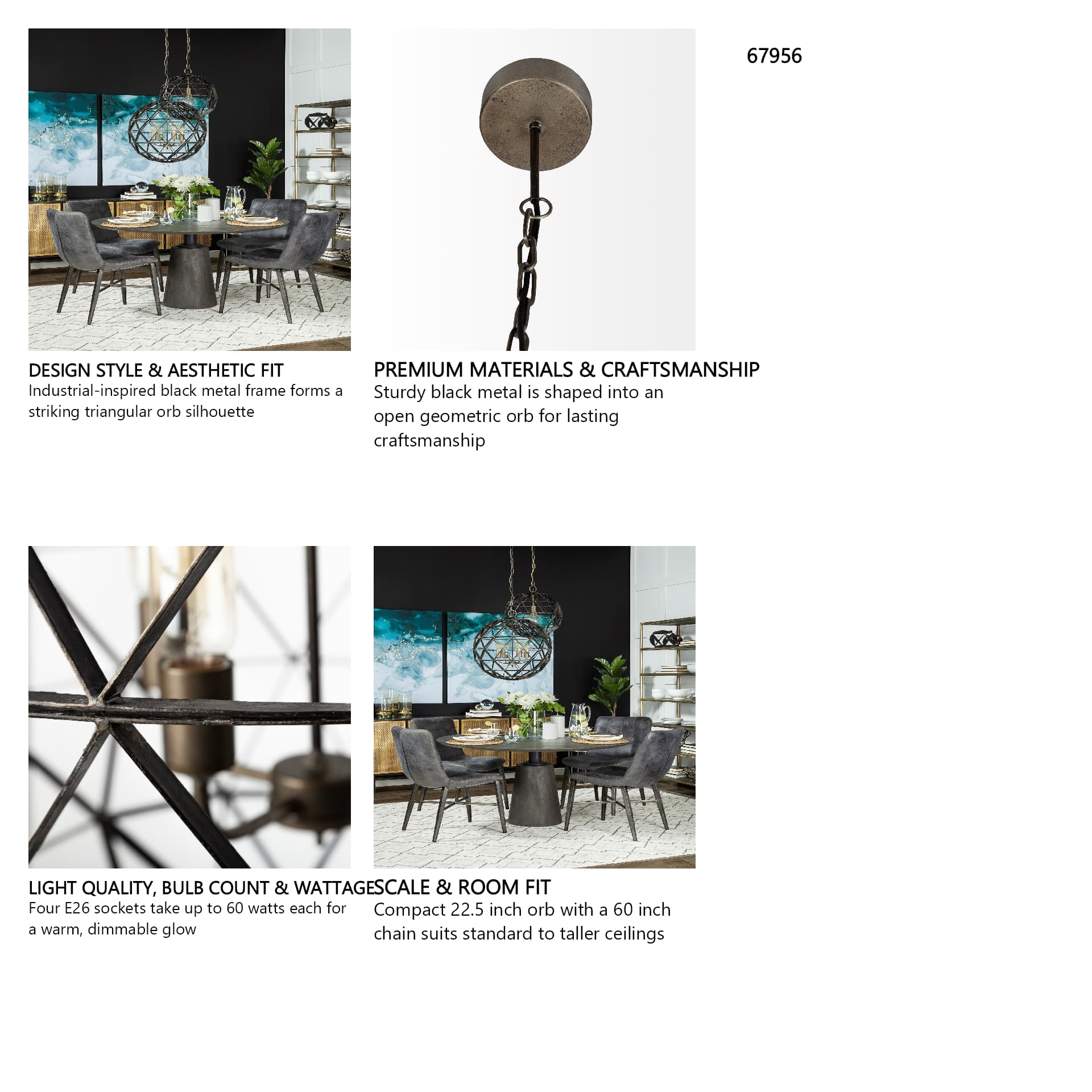 Dyson II (22.5"D) Black Metal Triangular Orb Four Bulb Chandelier — in a styled room
