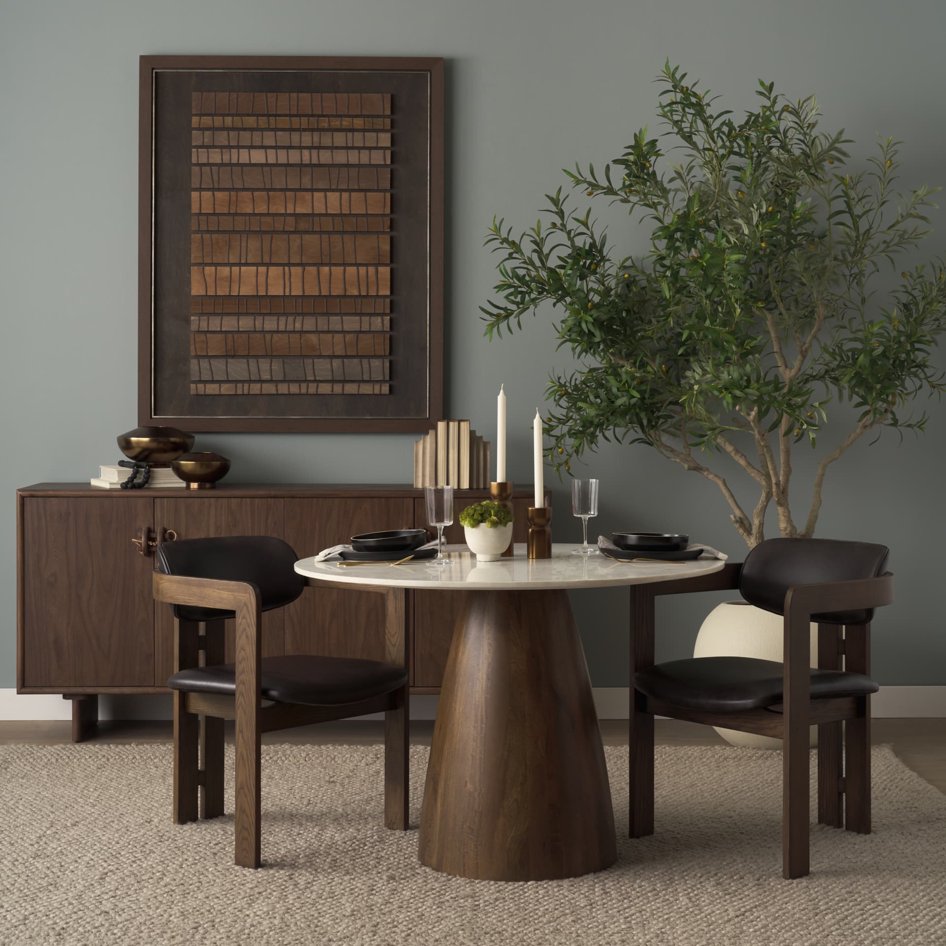 Allyson 42" Round Pedestal Dining Table | Banswara White Marble & Brown Wood | Seats 4 — product photograph