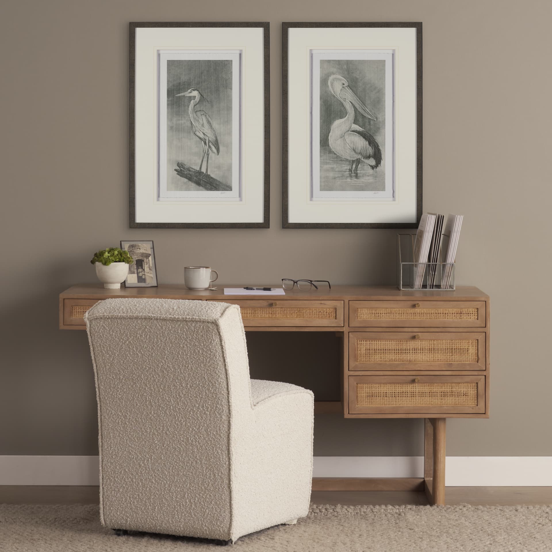 Pelican Sketch by Mercana Studio a Hand Embellished Framed Art Print Matted under Glass — in a styled room