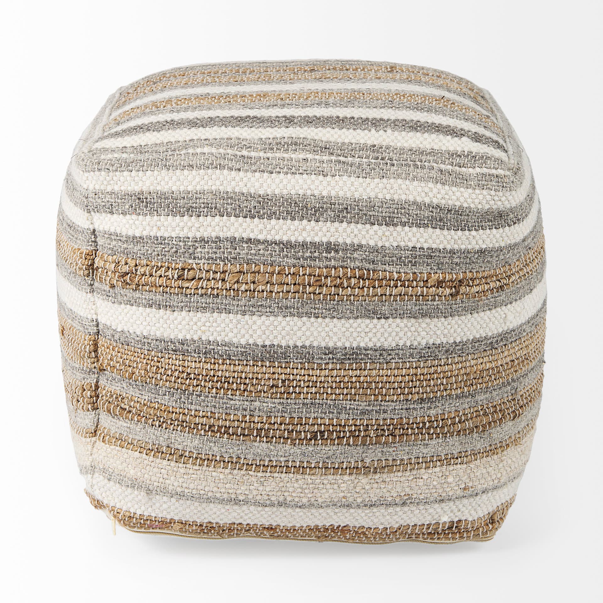 Aahana 16.0L x 16.0W x 16.0H White/Taupe/Gray Striped Hemp and Cotton Pouf — product photograph