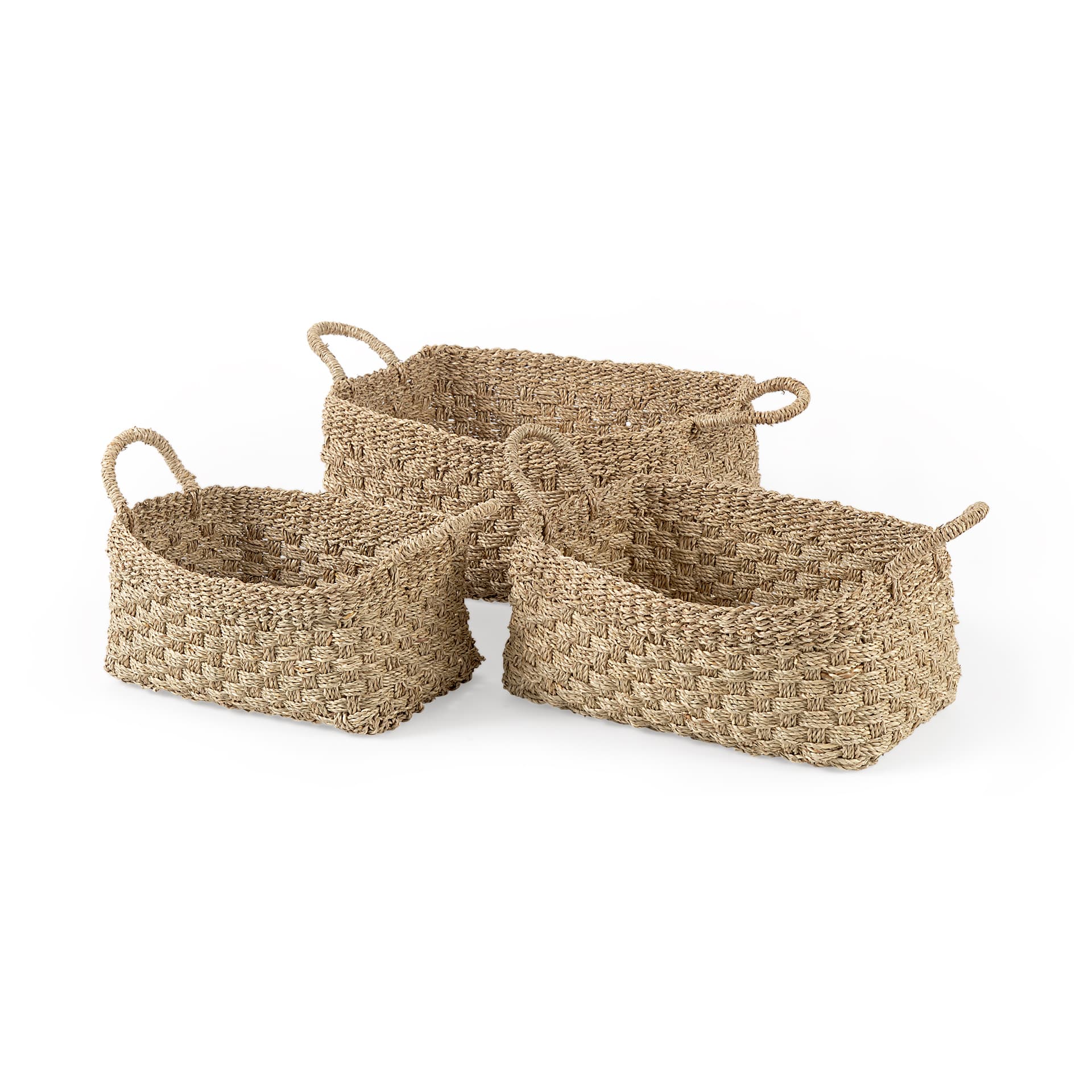 Emra (Set of 3) Light Brown Seagrass Rectangular Basket W/ Handles — product photograph