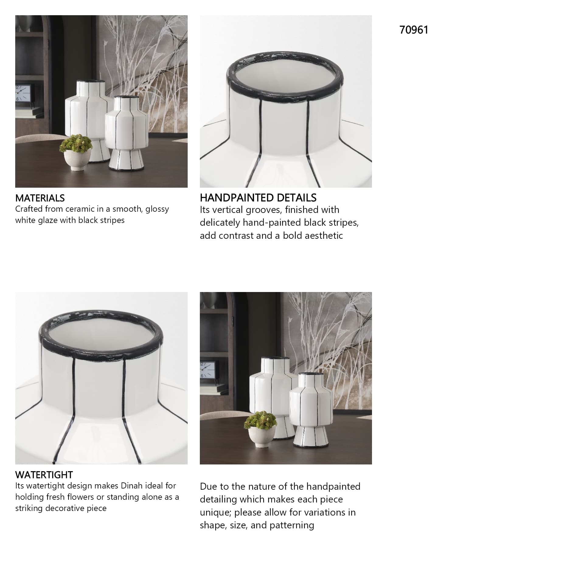 Dinah Small White w/ Black Stripes Ceramic Vase — in a styled room