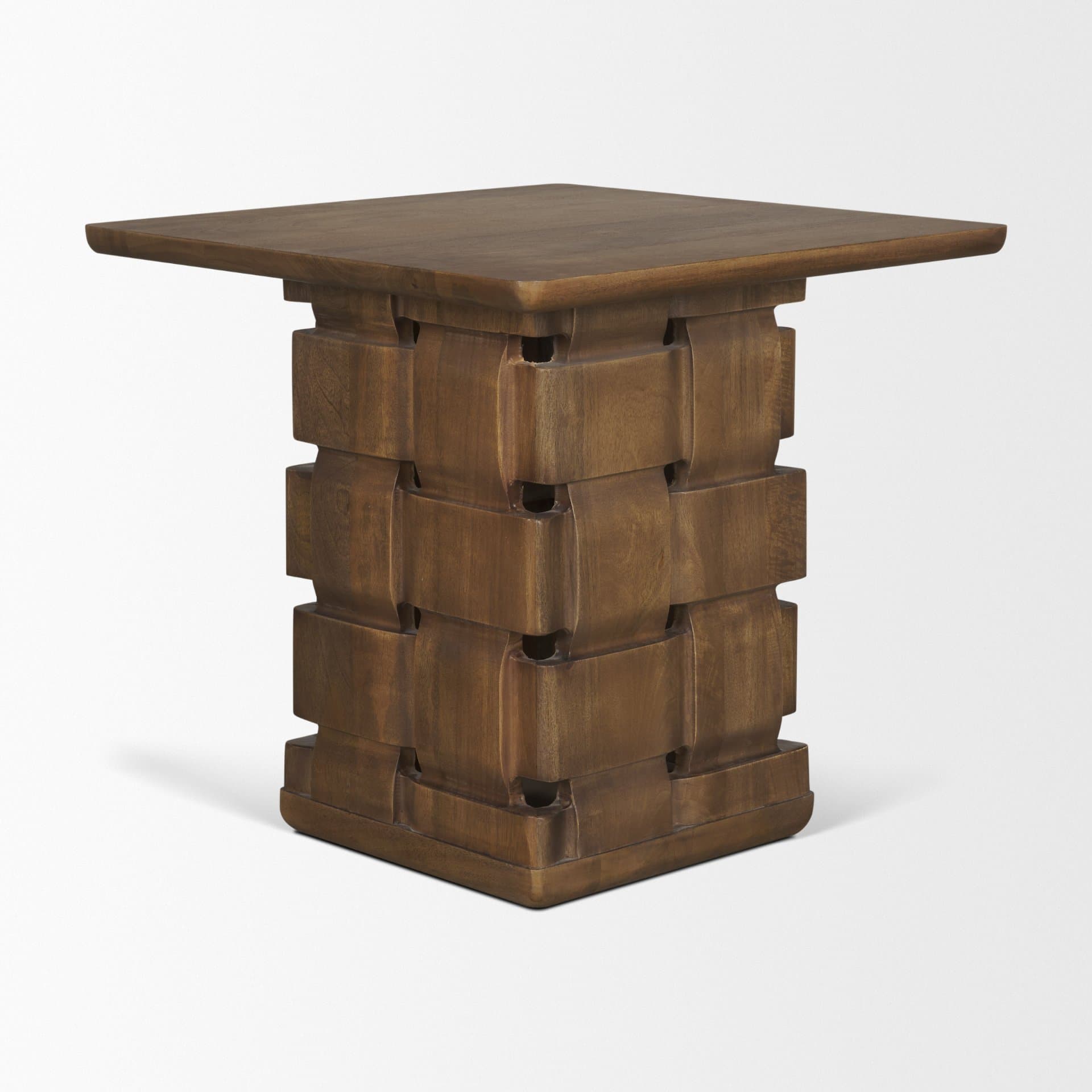 Trellyn Dark Brown Wood w/ Carved Woven Base Square Accent Table — product photograph