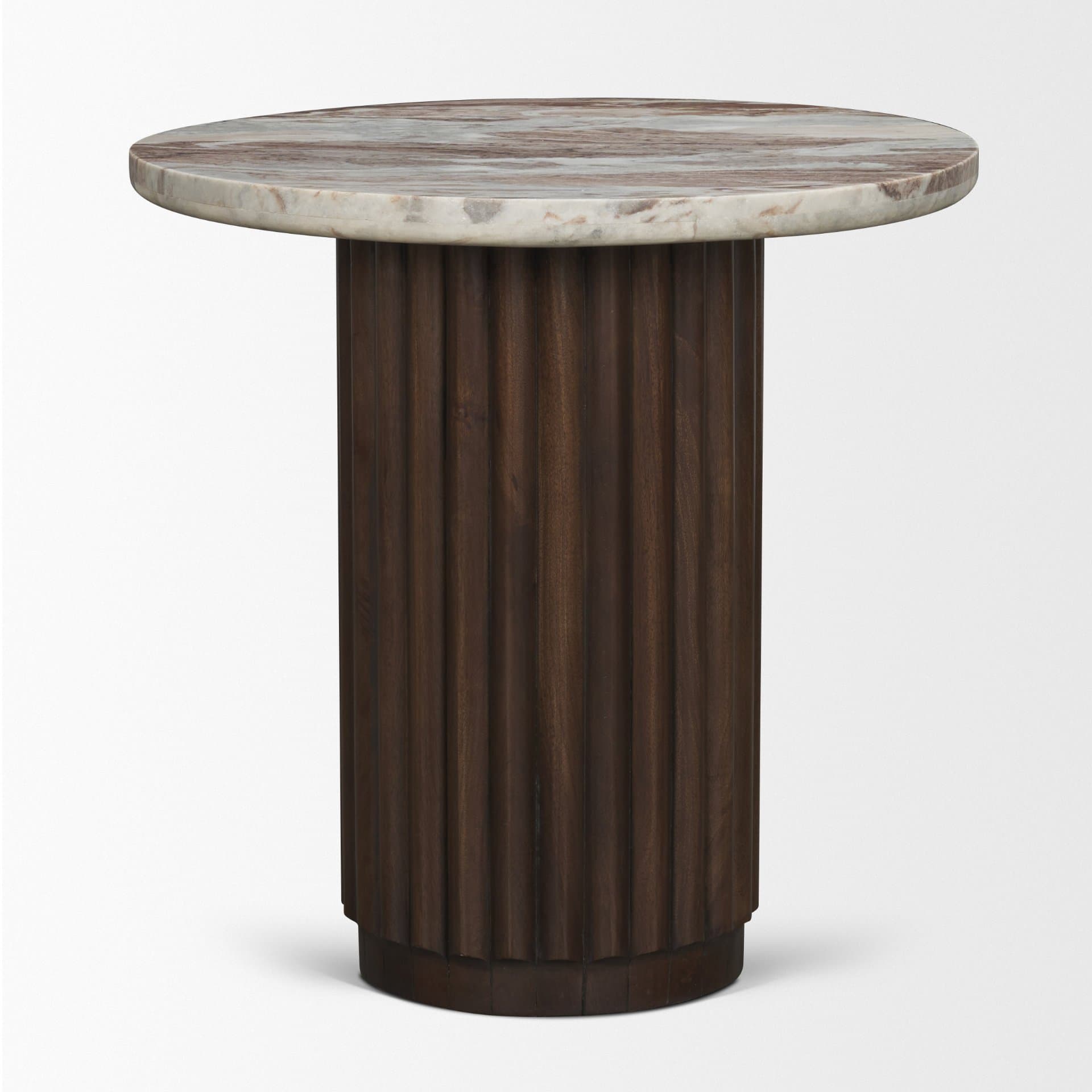 Marbrello Pink Marble Top Espresso Brown Fluted Wood Round Side Table — product photograph