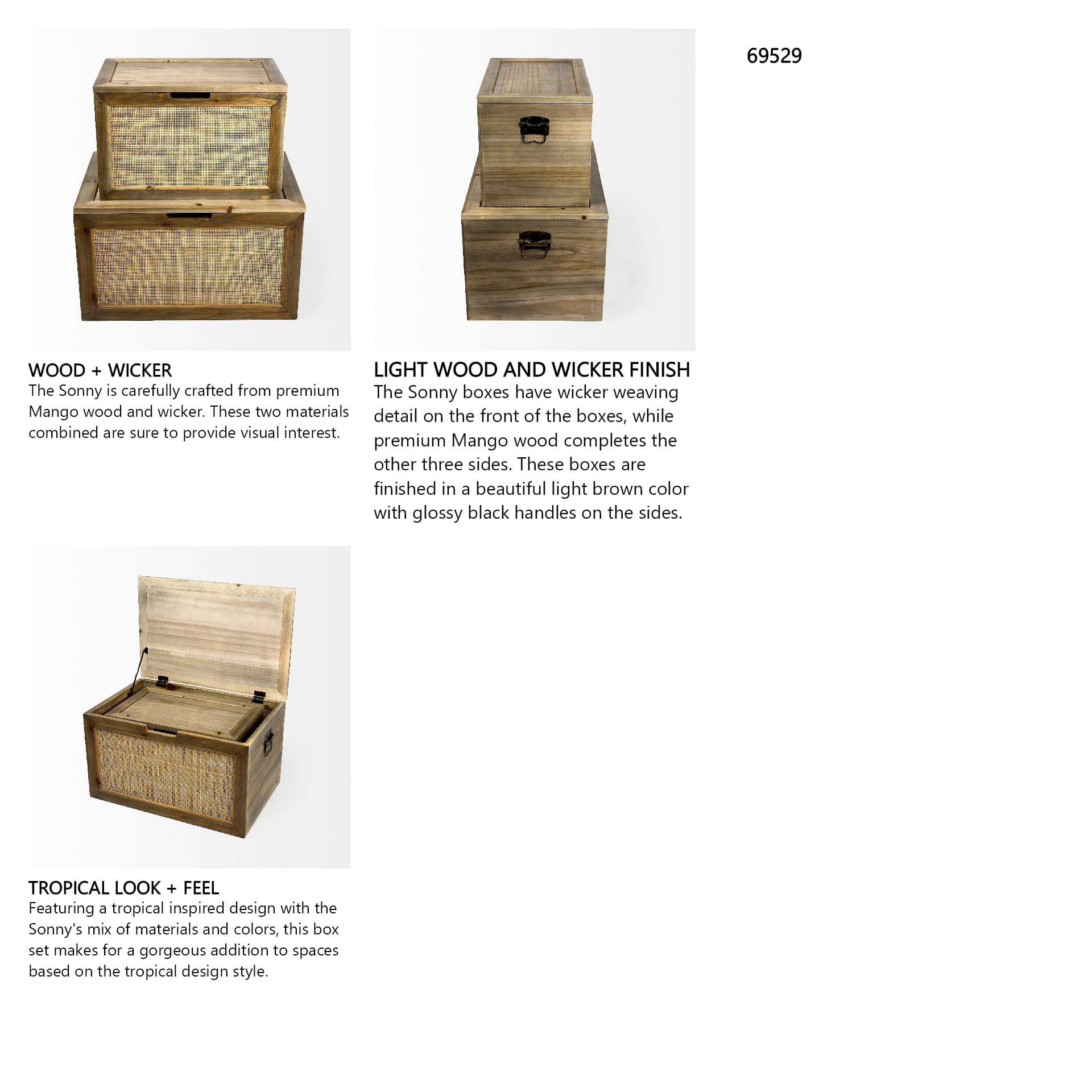 Sonny 23.6L x 15.7W x 13.8H Set of Two Brown Wood and Wicker W/ Metal Detail Rectangular Boxes — in a styled room