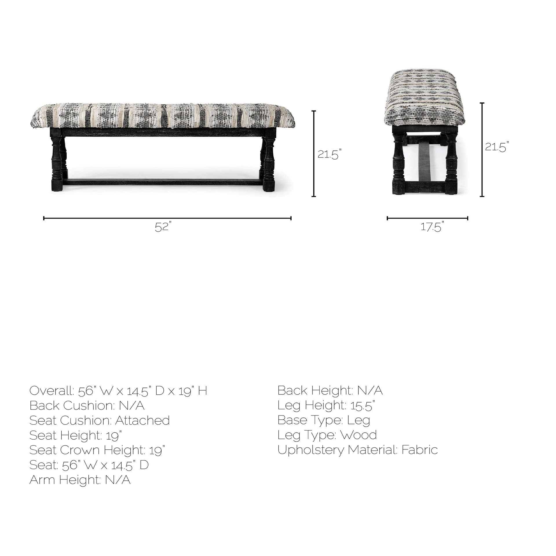 Denison II 56L x 15W Black Wood Base Woven-Leather Cushion Top Accent Bench — product photograph