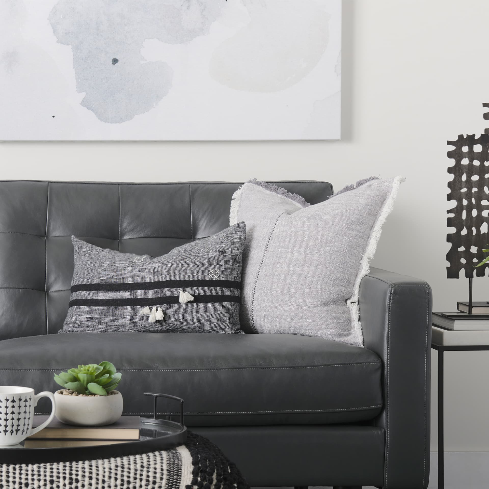Sibyl 13x21 Black Fabric Striped and White Fringed Pillow Cover w/Down Filler — product photograph