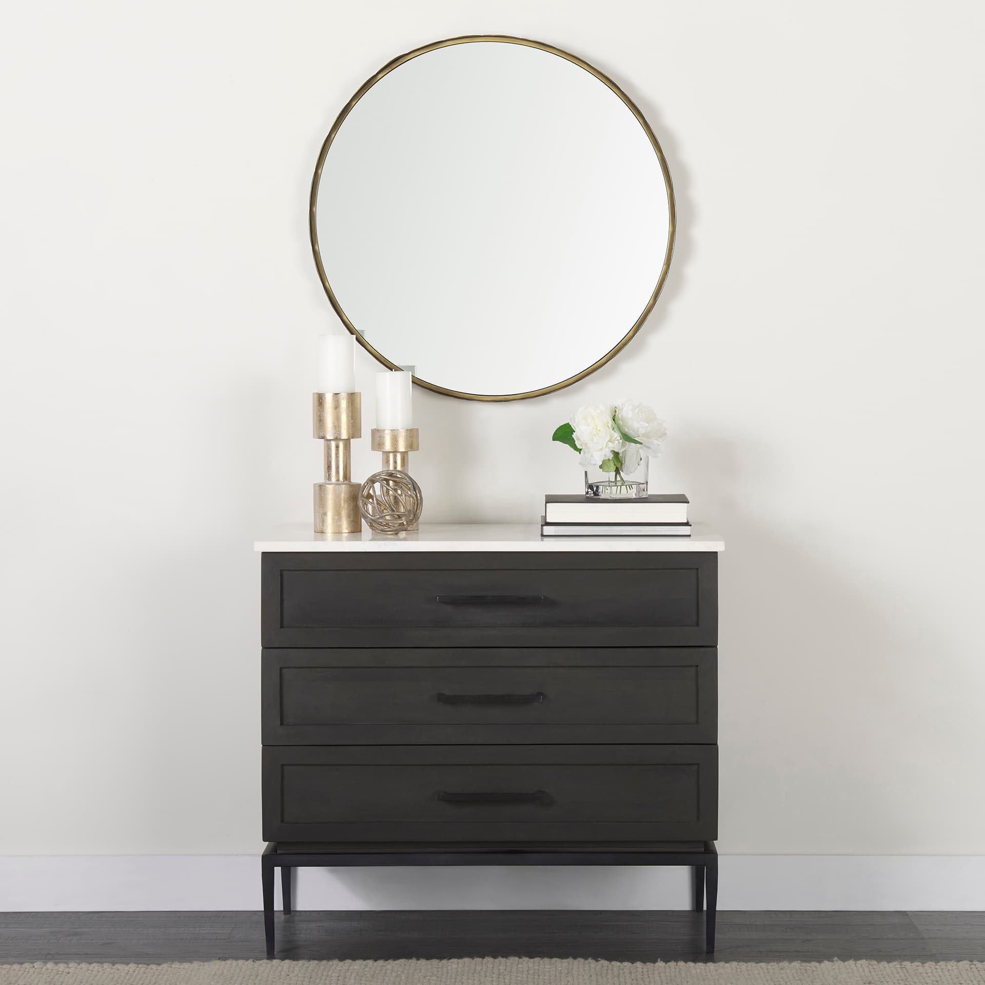 Divina Black-Brown Wood w/ White Marble Top and Black Metal Base Accent Cabinet — in a styled room