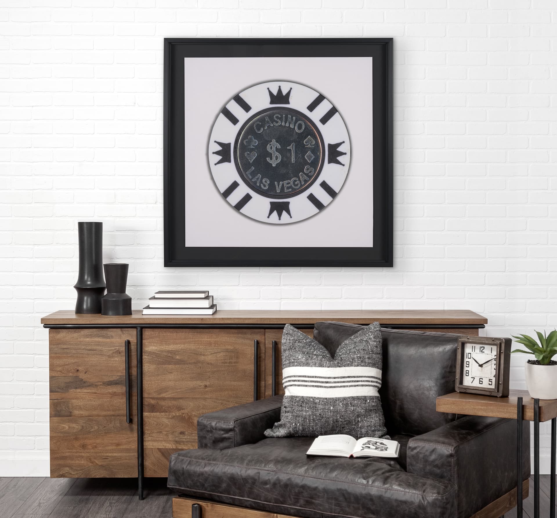 Casino 1 Dollar Vegas Poker Chip By Zap Studio Framed Art Photograph Print under Glass — in a styled room