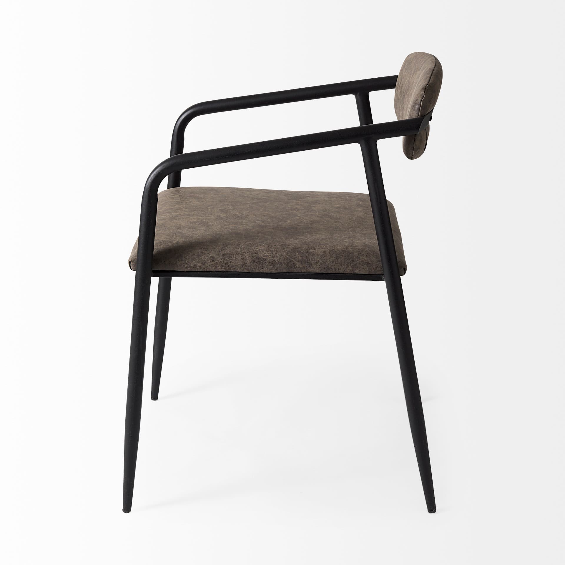 Langston Open Back Dining Arm Chair | Brown Faux Leather w/ Black Iron — product photograph