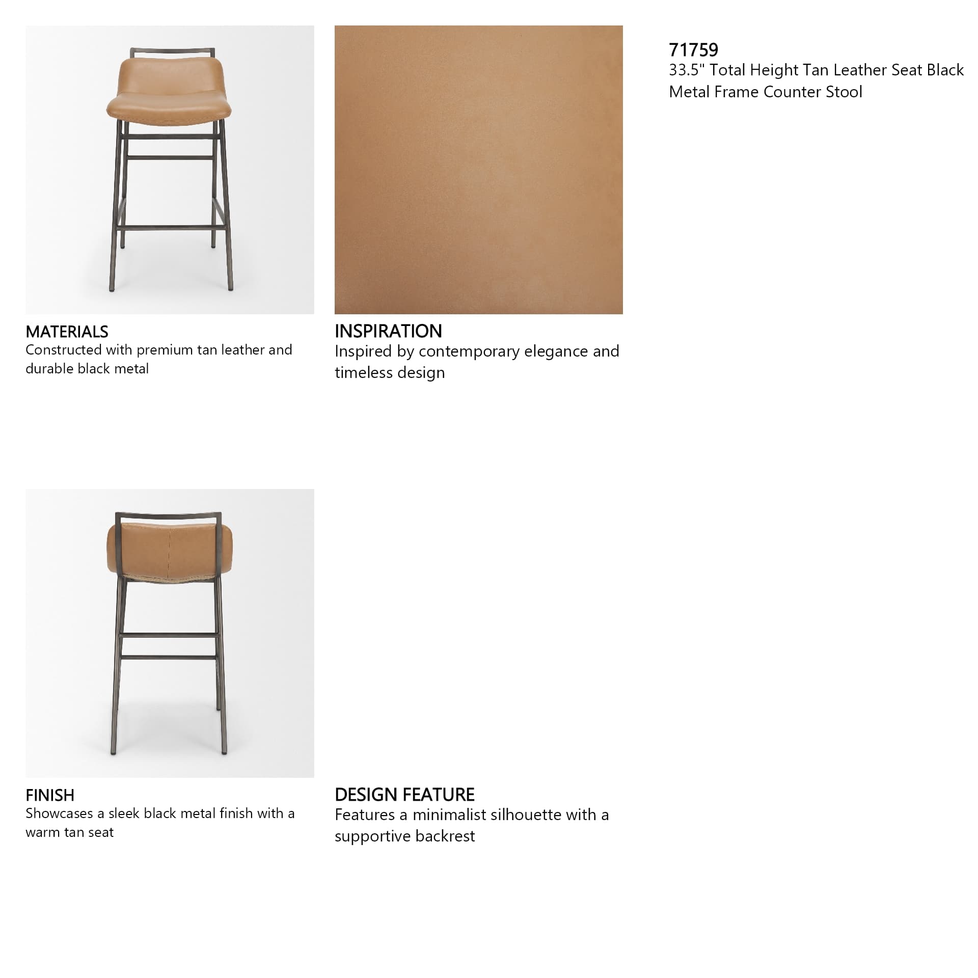 Kavalan Backless 33.5in Seat Counter Stool | Tan Leather w/ Gunmetal — product photograph